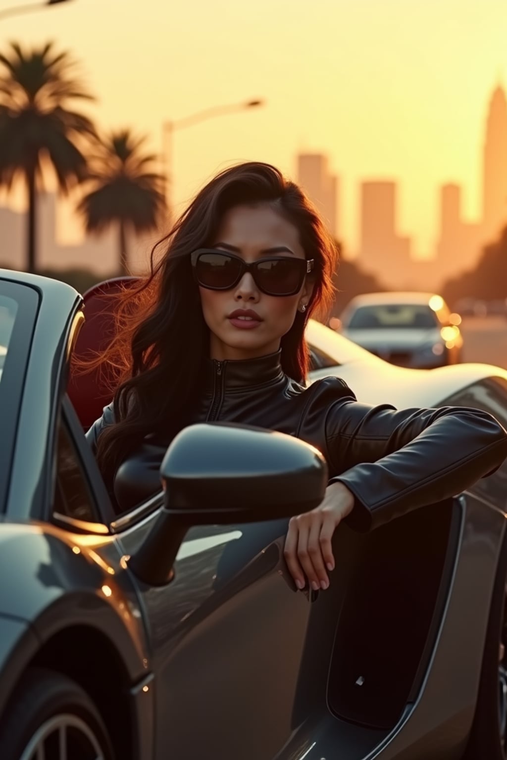 A well-known Hollywood star driving a luxury sports car through Los Angeles, exuding a powerful presence. The woman is dressed in a sleek, form-fitting leather outfit with designer sunglasses . The background features palm trees and the L.A. skyline glowing in the golden-hour sunset.