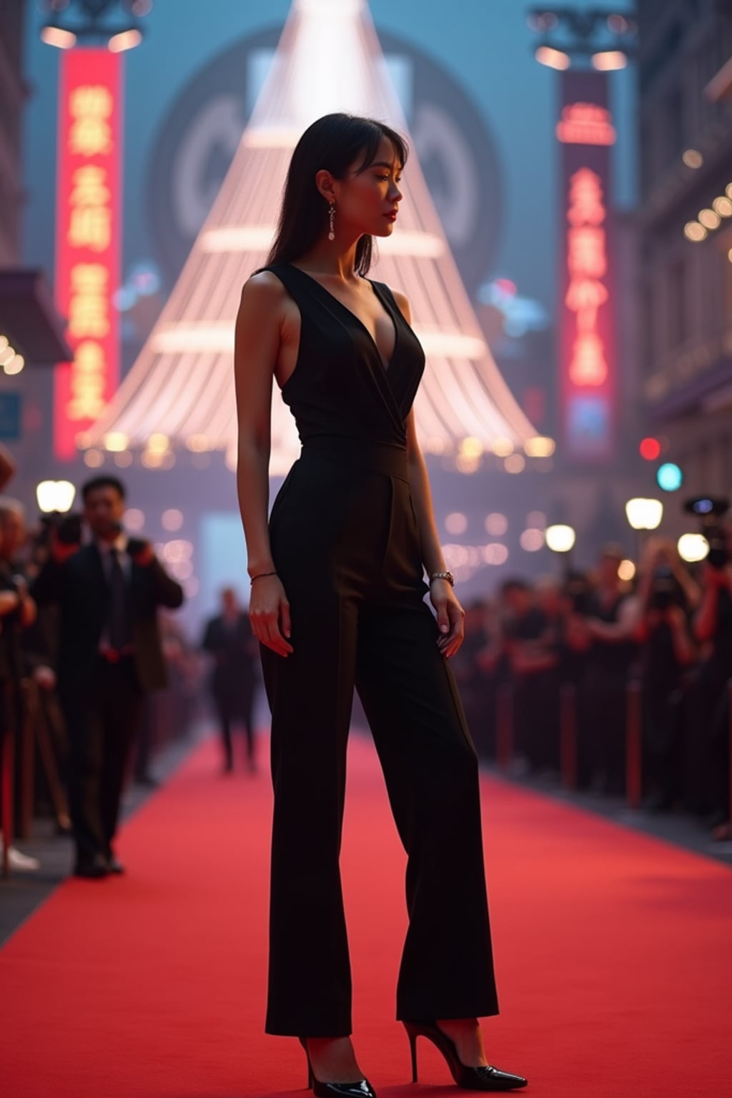 A famous Hollywood actor attending a blockbuster movie premiere, standing in front of a massive event backdrop featuring the movie title and logo. The woman is dressed in a chic, tailored jumpsuit with elegant heels . The atmosphere is filled with eager fans and flashing paparazzi cameras.