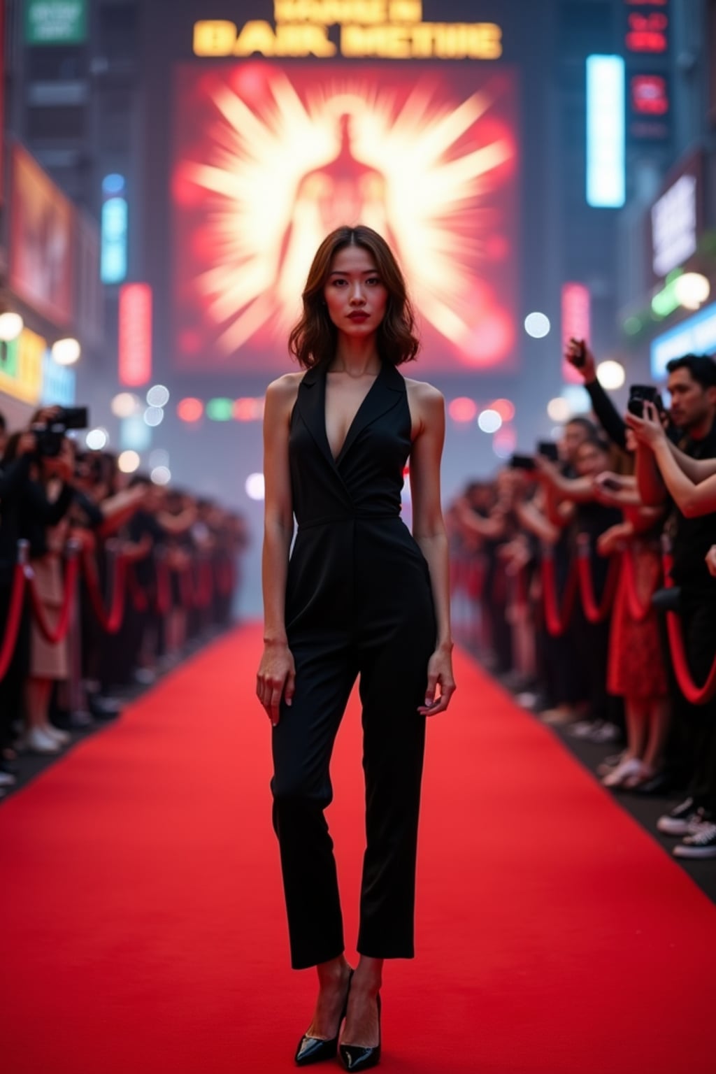 A famous Hollywood actor attending a blockbuster movie premiere, standing in front of a massive event backdrop featuring the movie title and logo. The woman is dressed in a chic, tailored jumpsuit with elegant heels . The atmosphere is filled with eager fans and flashing paparazzi cameras.