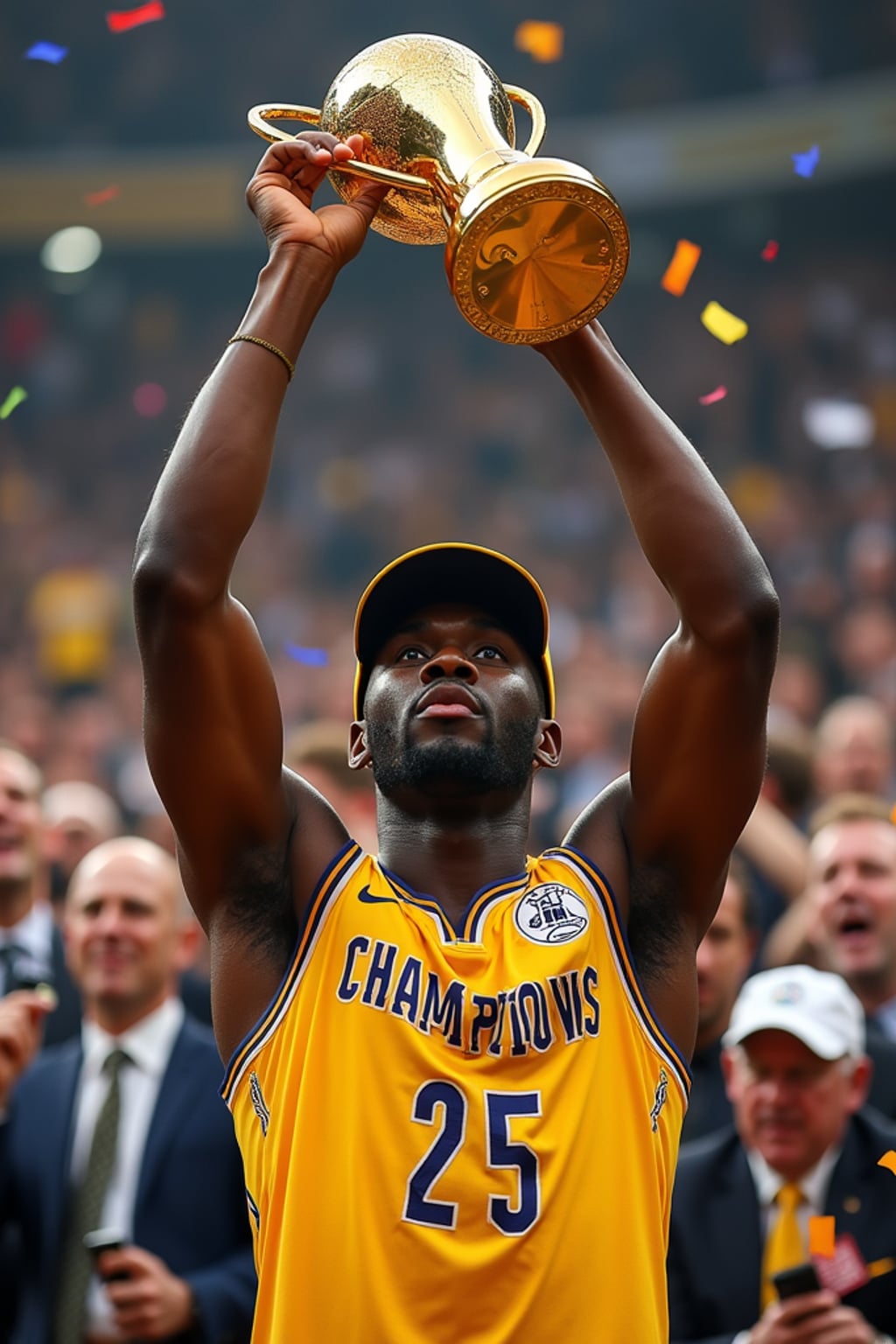 A famous athlete celebrating a championship victory, holding up a golden trophy while confetti falls around them. The man is wearing  a fitted championship jersey with a victory cap. The roaring crowd in the background adds to the celebratory atmosphere.