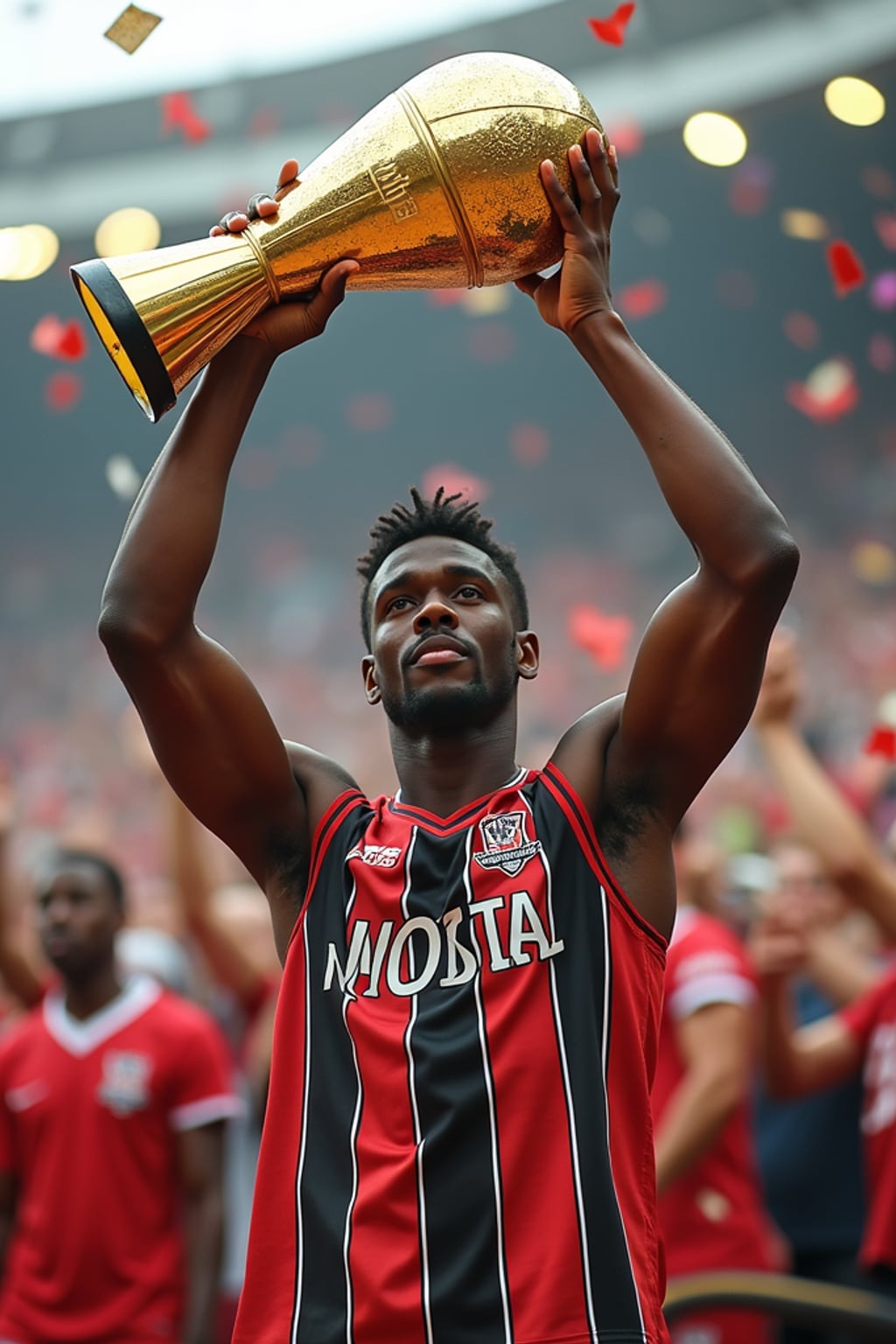 A famous athlete celebrating a championship victory, holding up a golden trophy while confetti falls around them. The man is wearing  a fitted championship jersey with a victory cap. The roaring crowd in the background adds to the celebratory atmosphere.