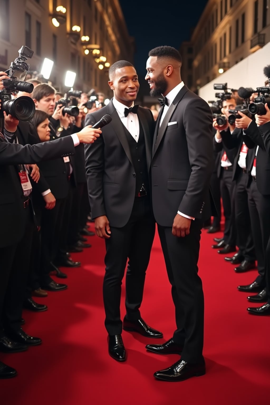 A celebrity being interviewed on the red carpet, speaking to an excited reporter while cameras flash around them. The man is wearing  a three-piece designer suit with polished dress shoes. The energy of the crowd and press is buzzing in the background.