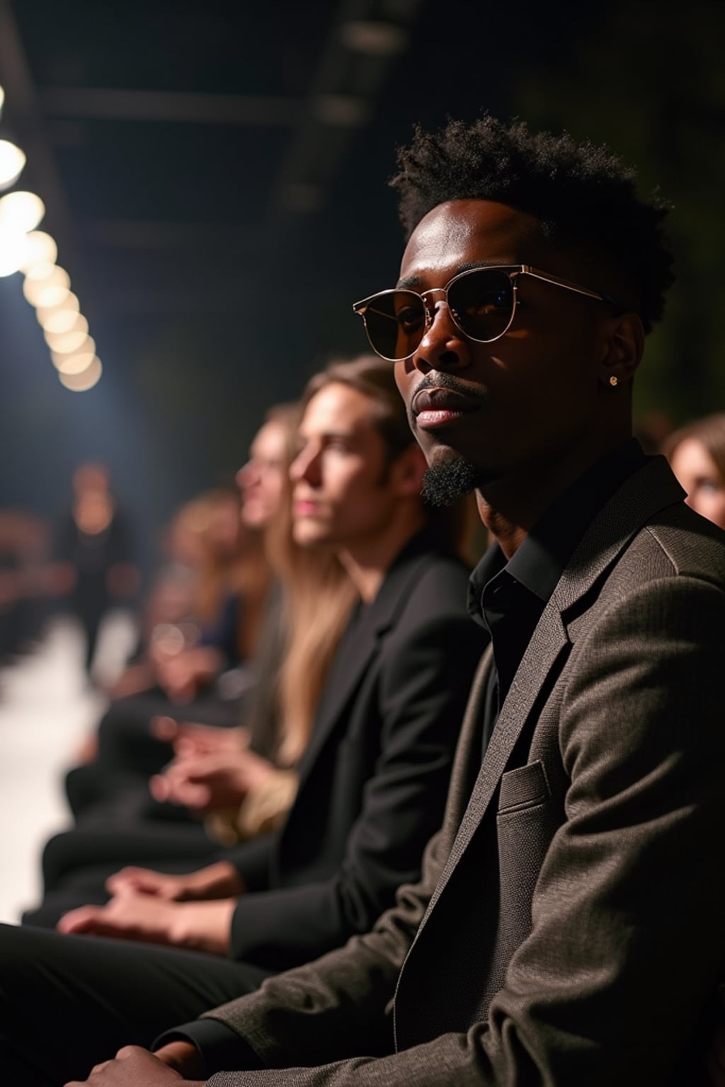 A famous influencer at an exclusive fashion show in Paris, sitting in the front row while watching mans walk the runway. The man is wearing  a tailored blazer with high-end sunglasses. The runway is elegantly lit, with other elite guests seated nearby.