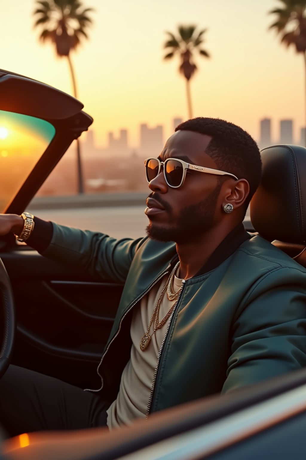 A well-known Hollywood star driving a luxury sports car through Los Angeles, exuding a powerful presence. The man is dressed in  a luxury bomber jacket with a high-end watch. The background features palm trees and the L.A. skyline glowing in the golden-hour sunset.