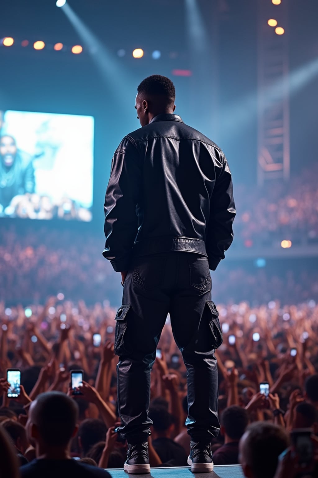 A famous rapper performing at a packed stadium concert, standing on a massive stage with LED screens and special effects. The man is wearing  a custom oversized leather jacket with designer pants and high-end sneakers. The audience holds their phones up, capturing the moment.