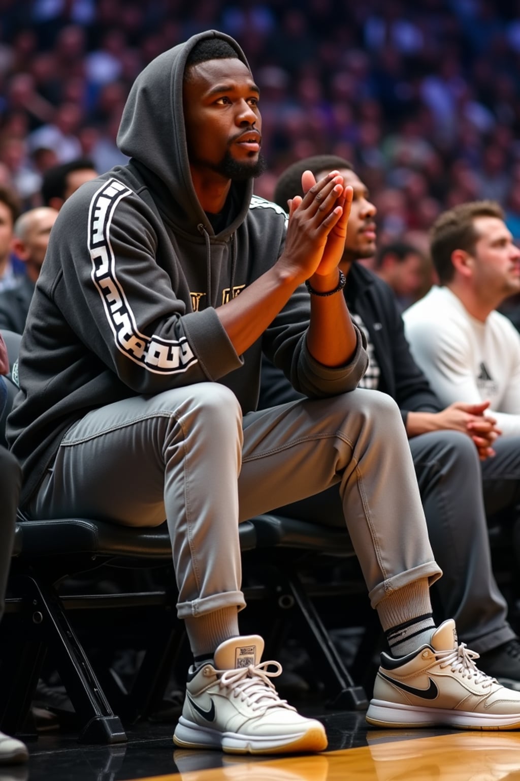 A celebrity attending a courtside NBA game, sitting in premium seats, clapping and reacting to an intense play. The man is wearing  a trendy streetwear fit with a designer hoodie and premium sneakers. The electric atmosphere of the game is visible in the background.