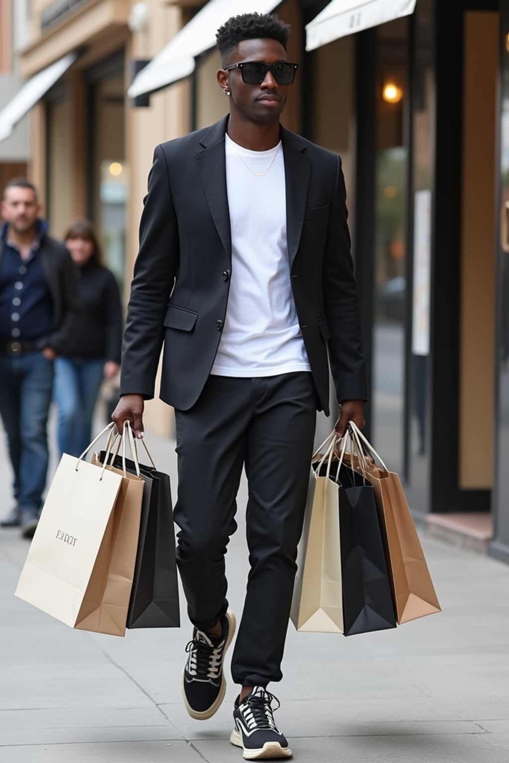 A celebrity being spotted by paparazzi while shopping in Beverly Hills, carrying multiple high-end brand shopping bags. The man is wearing  a fitted blazer over a plain white tee, paired with designer sneakers. The setting includes a high-end retail street with boutique storefronts in the background.
