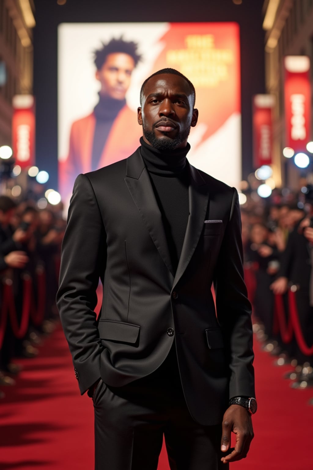 A famous Hollywood actor attending a blockbuster movie premiere, standing in front of a massive event backdrop featuring the movie title and logo. The man is dressed in  a smart, fitted blazer over a turtleneck with leather dress shoes. The atmosphere is filled with eager fans and flashing paparazzi cameras.