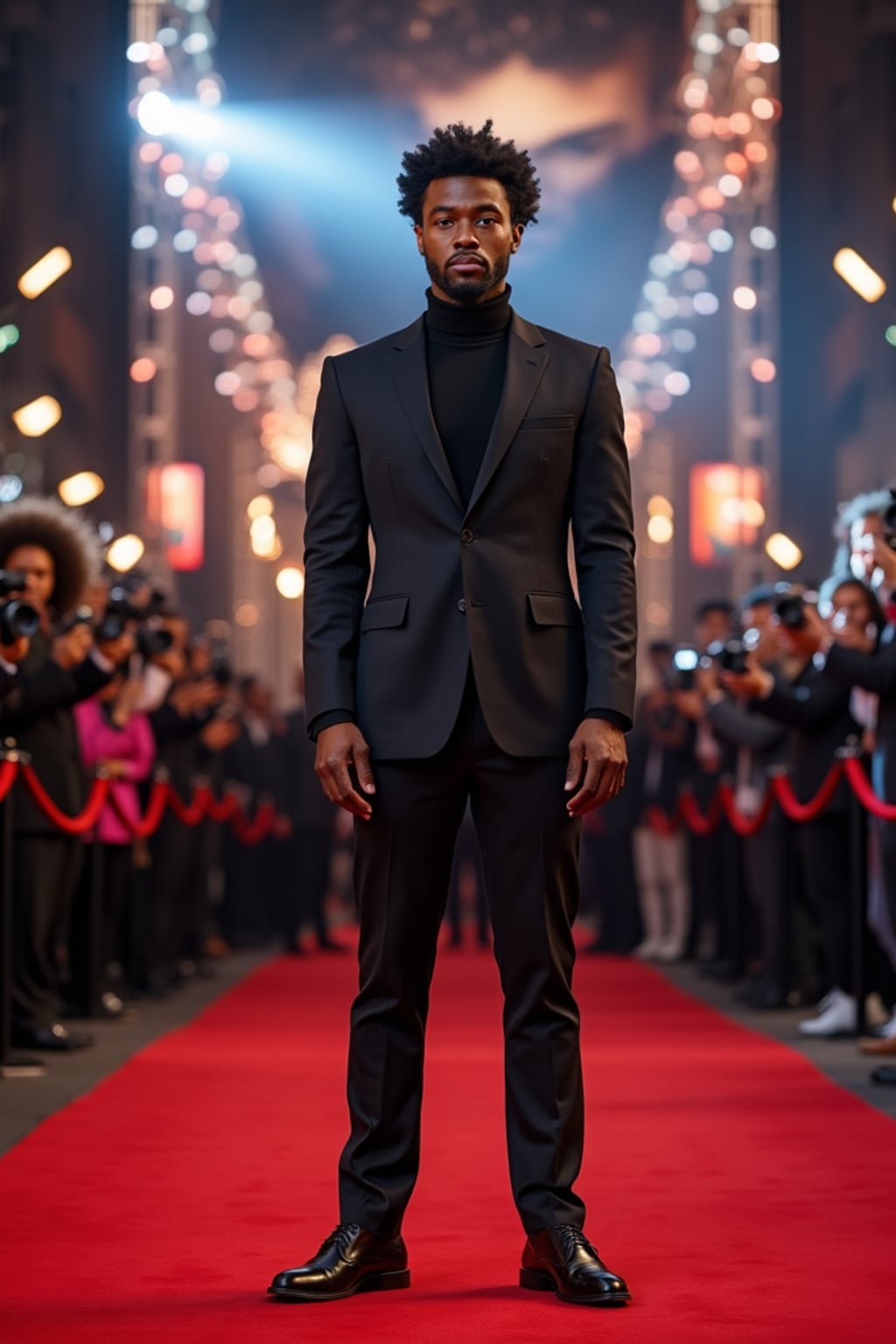 A famous Hollywood actor attending a blockbuster movie premiere, standing in front of a massive event backdrop featuring the movie title and logo. The man is dressed in  a smart, fitted blazer over a turtleneck with leather dress shoes. The atmosphere is filled with eager fans and flashing paparazzi cameras.