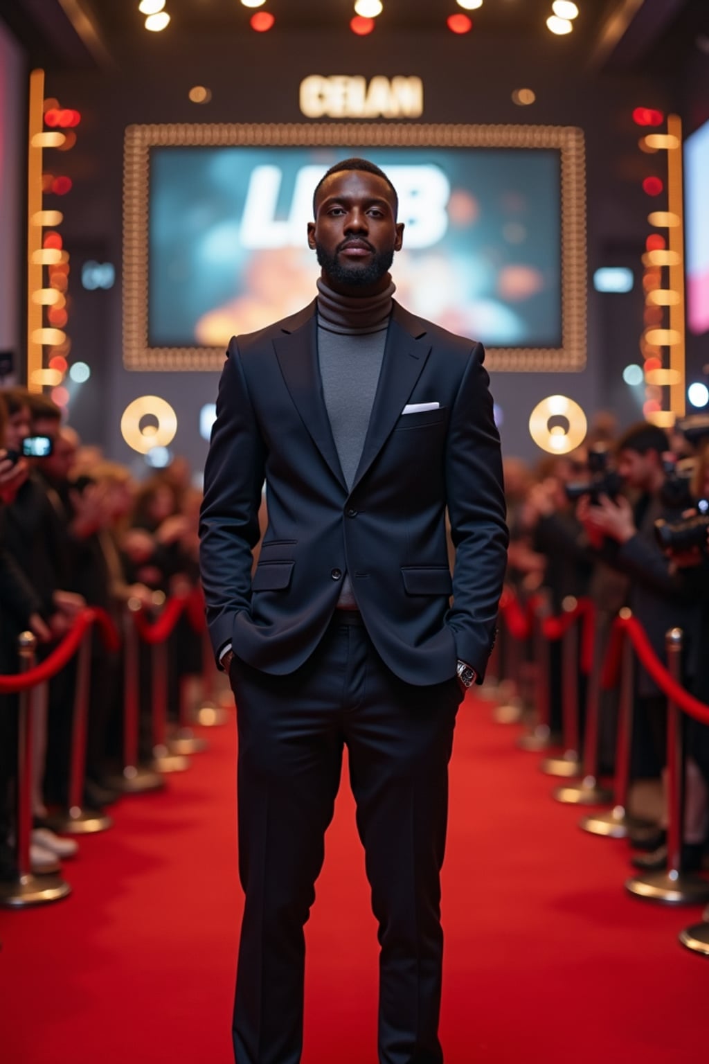 A famous Hollywood actor attending a blockbuster movie premiere, standing in front of a massive event backdrop featuring the movie title and logo. The man is dressed in  a smart, fitted blazer over a turtleneck with leather dress shoes. The atmosphere is filled with eager fans and flashing paparazzi cameras.