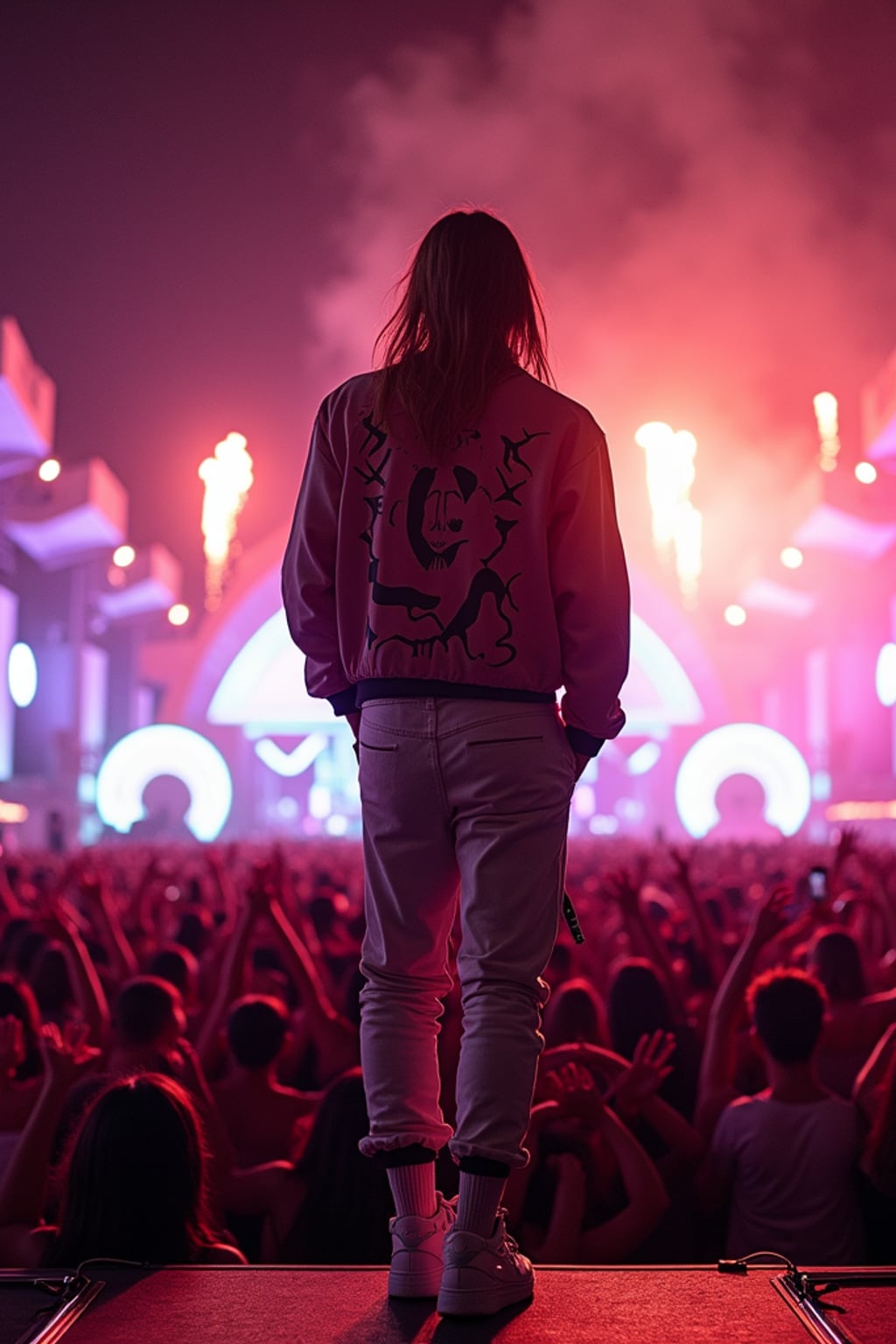 A famous pop star performing live at Coachella, standing on an elaborate stage with vibrant neon lights. The artist is dressed in  a custom streetwear ensemble with a designer jacket and sneakers. The crowd waves their hands in excitement as fireworks explode in the background.