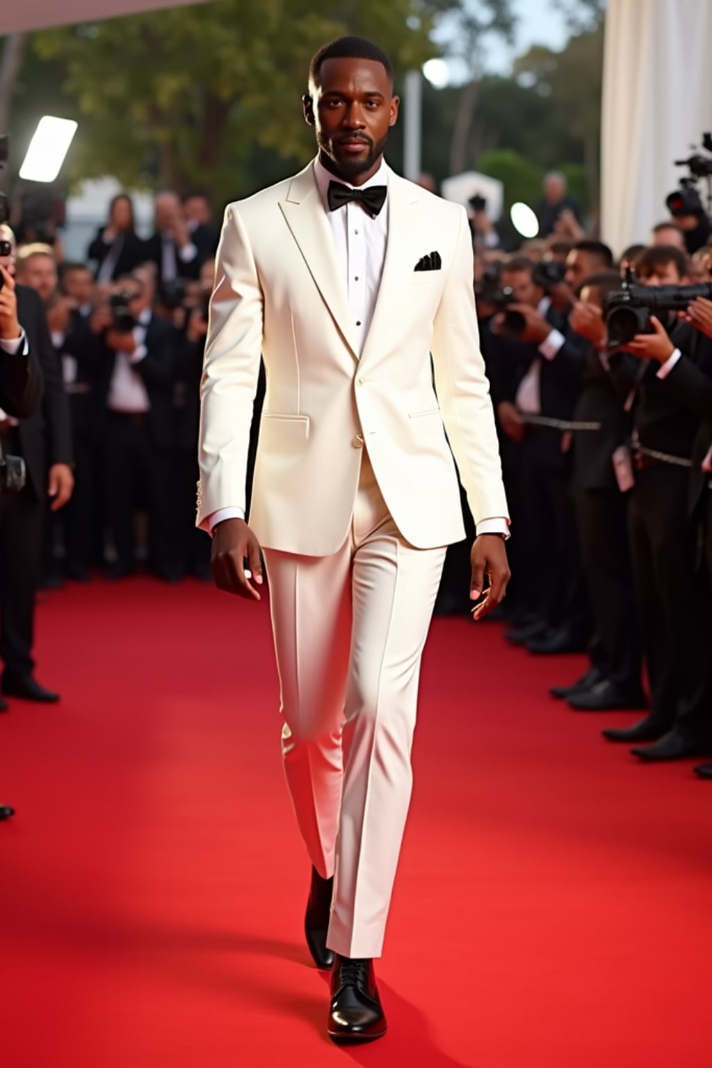 Full-body shot of a famous actor at the Cannes Film Festival, elegantly stepping onto the red carpet. The man is dressed in  a tailored white tuxedo with sleek black dress shoes. The scene is filled with flashing cameras and luxurious event decorations.