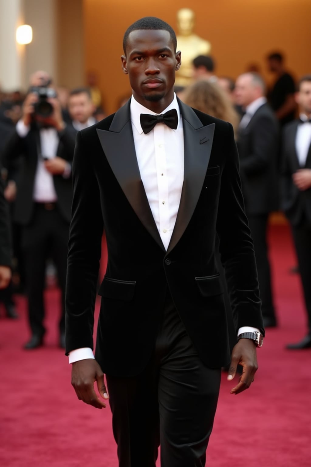 A stunning celebrity walking down the red carpet at the Oscars, posing confidently under the bright flashes of cameras. The man is wearing  a fitted black tuxedo with a sleek bow tie. The backdrop features Oscar statuettes and a crowd of photographers capturing the glamorous moment.