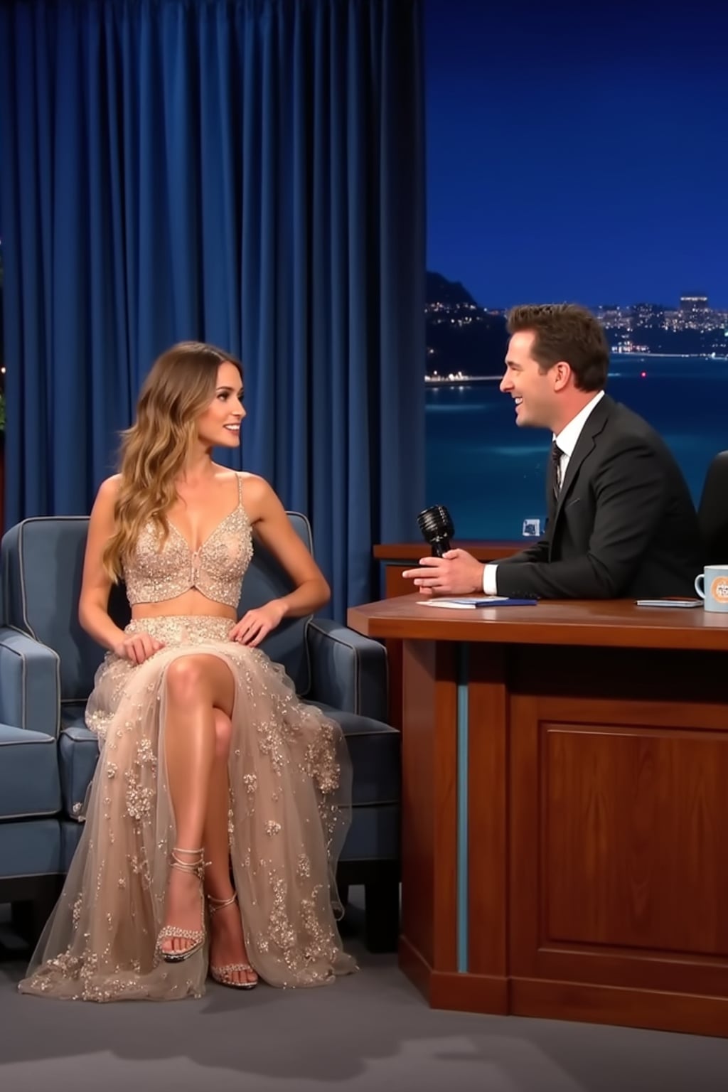 Full-body shot of a famous woman sitting on the guest couch at a late-night talk show. The woman is dressed in a glamorous designer evening gown with elegant heels . The host sits behind a wooden desk, smiling and engaged in conversation. The background features the signature blue curtains, the late night show logo, and the glowing New York City skyline.