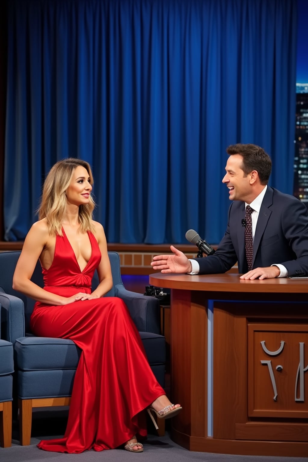 Full-body shot of a famous woman sitting on the guest couch at a late-night talk show. The woman is dressed in a glamorous designer evening gown with elegant heels . The host sits behind a wooden desk, smiling and engaged in conversation. The background features the signature blue curtains, the late night show logo, and the glowing New York City skyline.