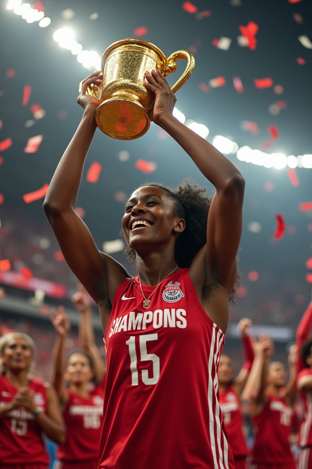 A famous athlete celebrating a championship victory, holding up a golden trophy while confetti falls around them. The woman is wearing a sleek sports outfit with custom team branding . The roaring crowd in the background adds to the celebratory atmosphere.