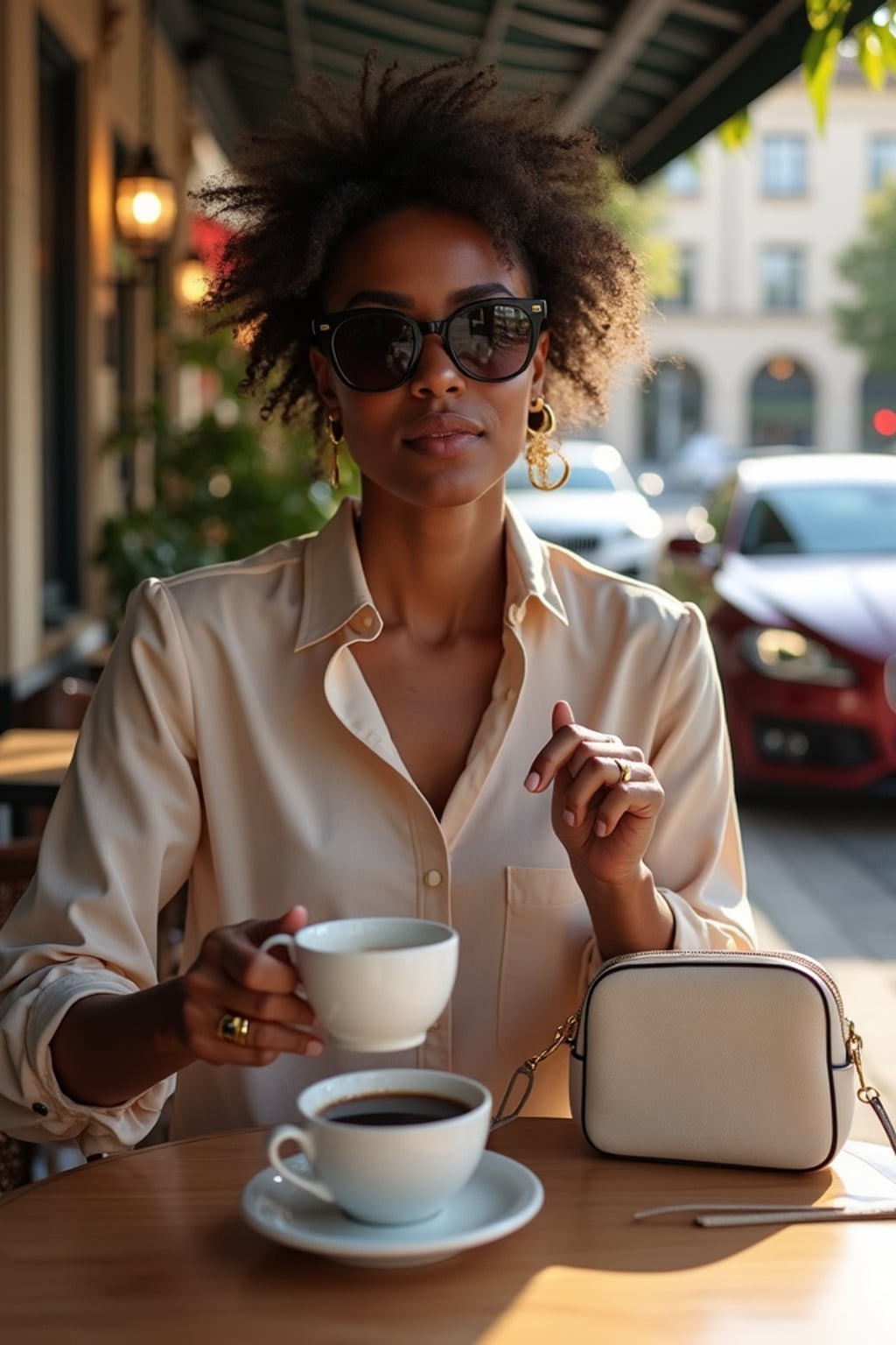A Hollywood star caught in a candid paparazzi moment while having coffee at an upscale café. The woman is dressed in a casual designer ensemble with oversized sunglasses and luxury handbag . The setting is a charming outdoor café with luxury cars parked nearby.