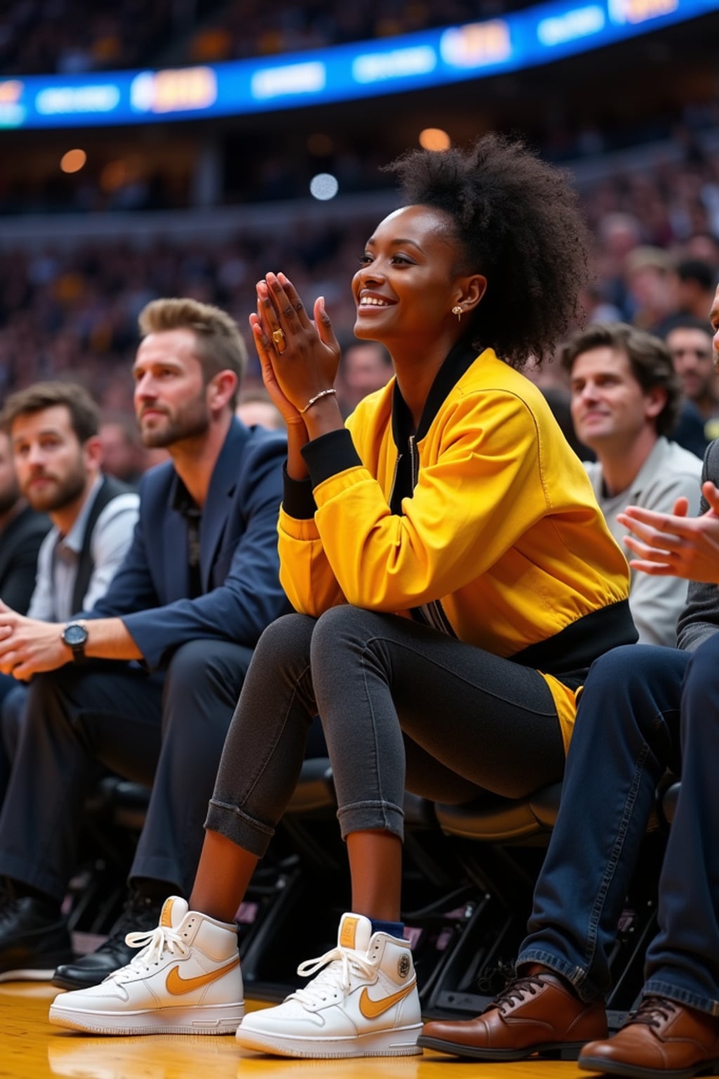 A celebrity attending a courtside NBA game, sitting in premium seats, clapping and reacting to an intense play. The woman is wearing a chic sporty outfit with a stylish bomber jacket and luxury sneakers . The electric atmosphere of the game is visible in the background.