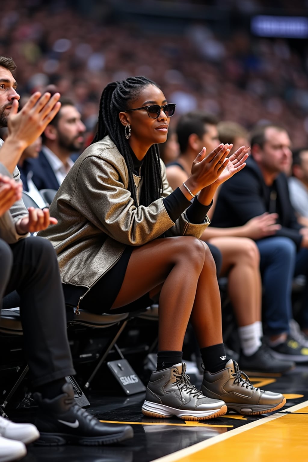 A celebrity attending a courtside NBA game, sitting in premium seats, clapping and reacting to an intense play. The woman is wearing a chic sporty outfit with a stylish bomber jacket and luxury sneakers . The electric atmosphere of the game is visible in the background.