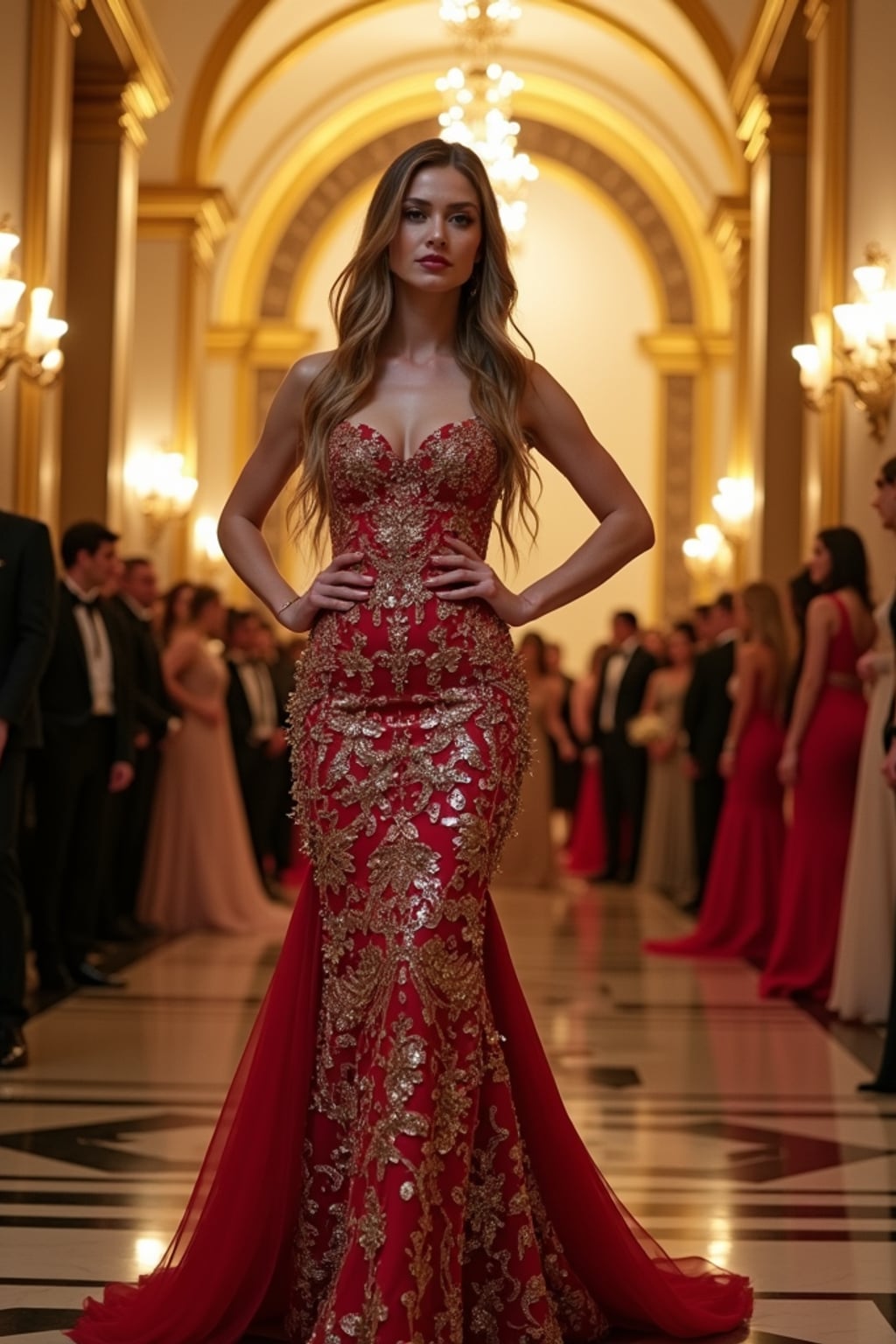 A Hollywood celebrity attending an exclusive Met Gala event, posing dramatically in a high-fashion avant-garde gown with extravagant detailing . The background showcases luxurious golden lighting and a grand entrance staircase filled with other elite guests.