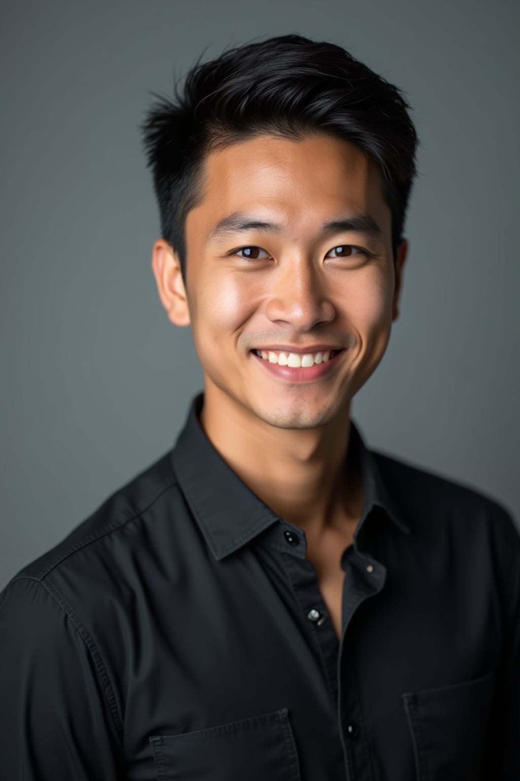 A professional actor headshot of a confident man, taken in a well-lit studio with a plain backdrop. The man is dressed in  a fitted dark-colored shirt with neatly styled hair. The lighting is soft and even, highlighting their facial features with a natural and approachable expression. The focus is sharp, capturing the man's eyes and subtle smile, creating a perfect headshot for auditions and casting calls.