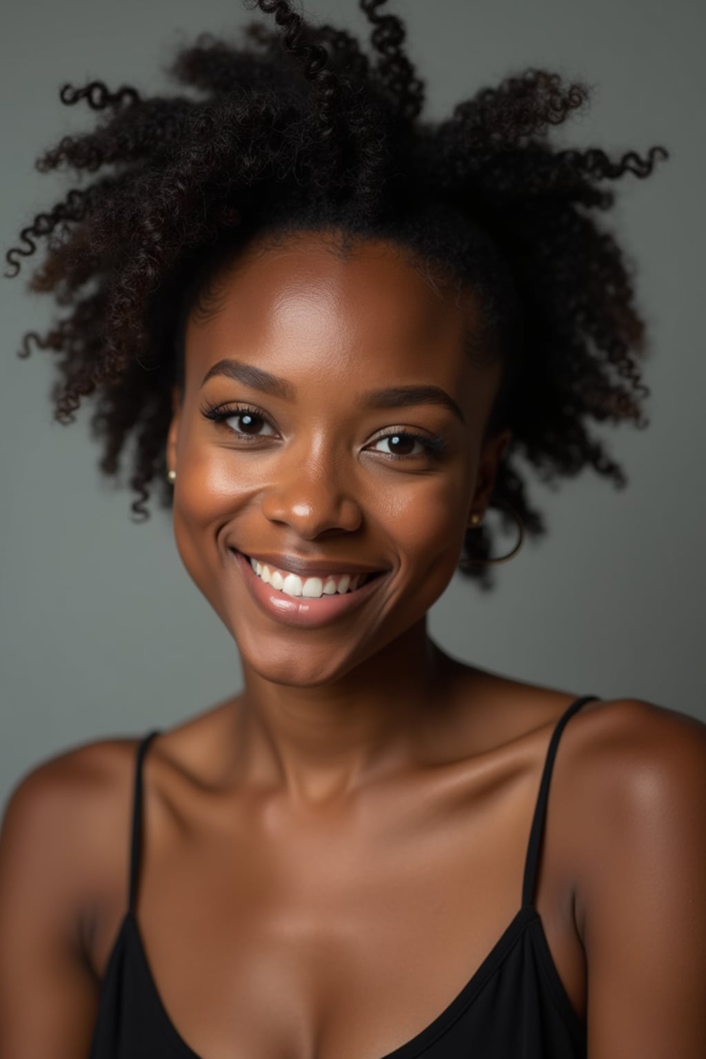 A comedic actor headshot featuring a subtle smirk and expressive eyes, taken in a well-lit professional studio. The woman is dressed in a sleek top with a bit of personality, styled hair, and a confident gaze . The background is neutral, ensuring the subject stands out. The lighting highlights natural features, capturing an inviting and charismatic presence, perfect for comedy auditions, film roles, and industry portfolios.
