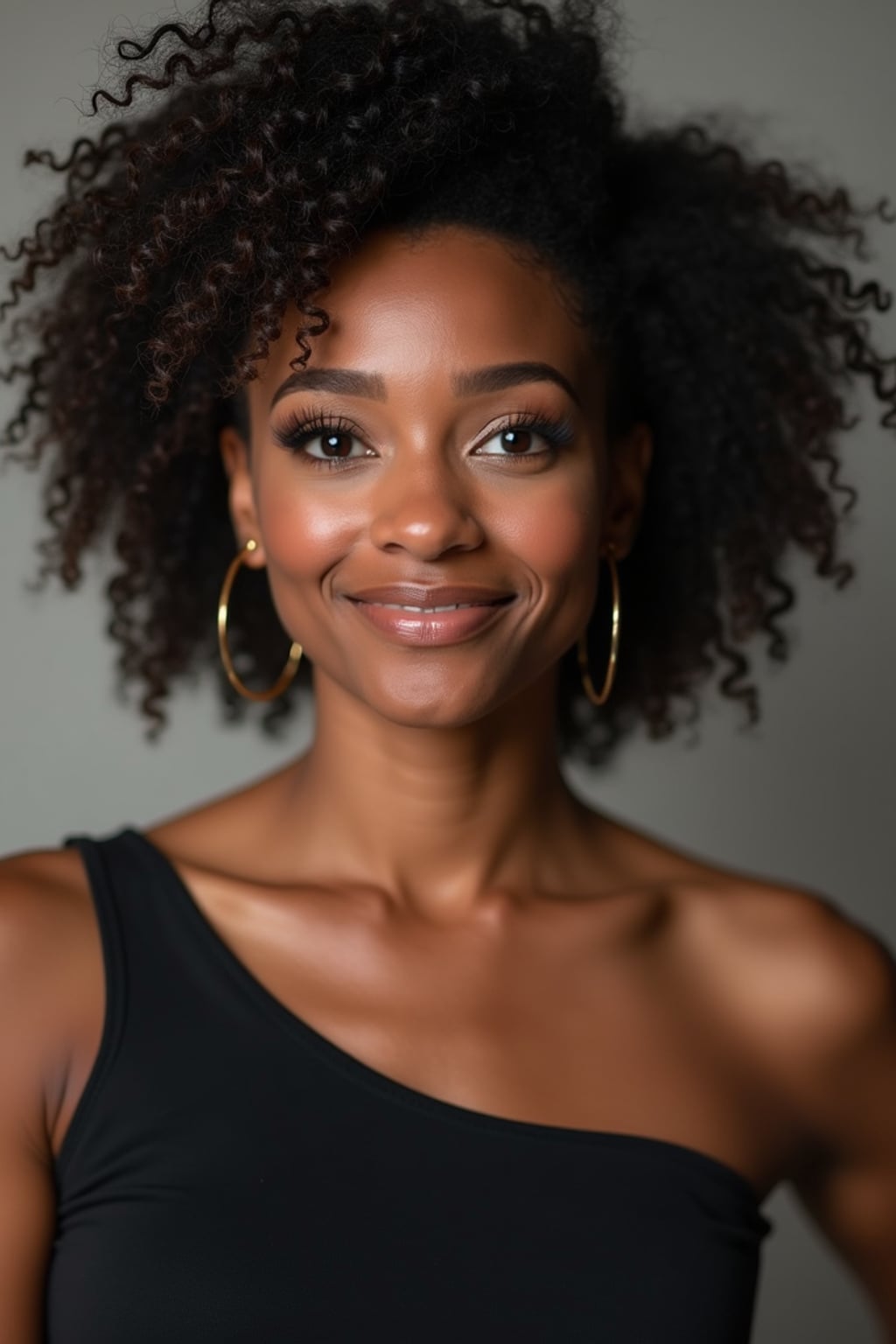 A comedic actor headshot featuring a subtle smirk and expressive eyes, taken in a well-lit professional studio. The woman is dressed in a sleek top with a bit of personality, styled hair, and a confident gaze . The background is neutral, ensuring the subject stands out. The lighting highlights natural features, capturing an inviting and charismatic presence, perfect for comedy auditions, film roles, and industry portfolios.