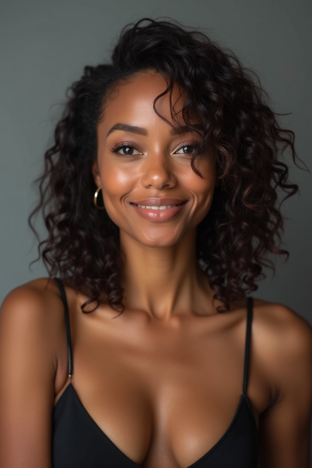 A comedic actor headshot featuring a subtle smirk and expressive eyes, taken in a well-lit professional studio. The woman is dressed in a sleek top with a bit of personality, styled hair, and a confident gaze . The background is neutral, ensuring the subject stands out. The lighting highlights natural features, capturing an inviting and charismatic presence, perfect for comedy auditions, film roles, and industry portfolios.