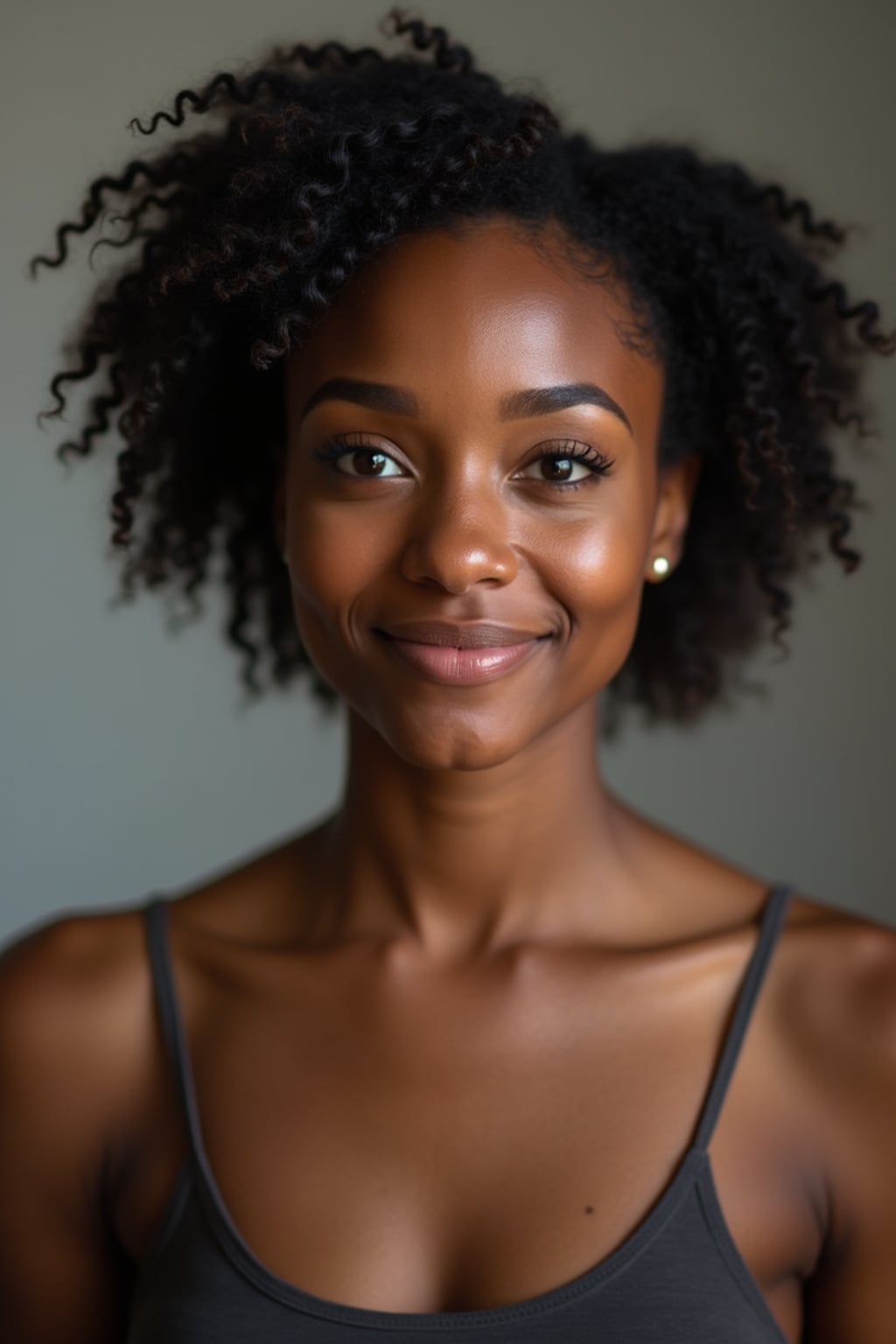 A comedic actor headshot featuring a subtle smirk and expressive eyes, taken in a well-lit professional studio. The woman is dressed in a sleek top with a bit of personality, styled hair, and a confident gaze . The background is neutral, ensuring the subject stands out. The lighting highlights natural features, capturing an inviting and charismatic presence, perfect for comedy auditions, film roles, and industry portfolios.