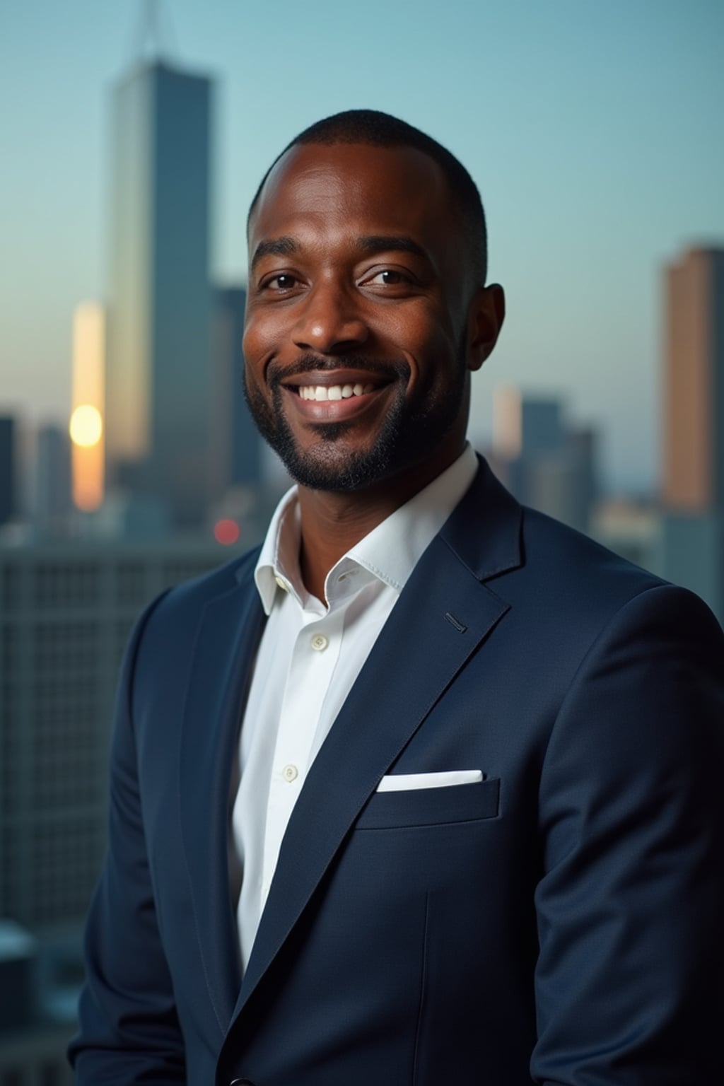 8k professional headshot of man, crisp details, studio backdrop, executive attire, confident posture, neutral expression, high-definition, corporate setting, sharp focus, ambient lighting, business professional, cityscape view