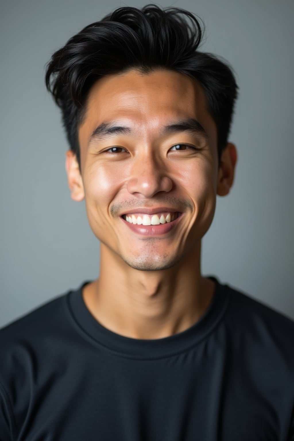 A professional actor headshot of a confident man, taken in a well-lit studio with a plain backdrop. The man is dressed in  a fitted dark-colored shirt with neatly styled hair. The lighting is soft and even, highlighting their facial features with a natural and approachable expression. The focus is sharp, capturing the man's eyes and subtle smile, creating a perfect headshot for auditions and casting calls.