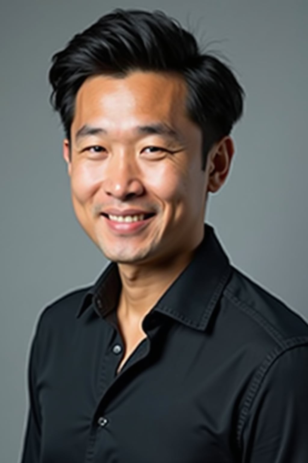 A professional actor headshot of a confident man, taken in a well-lit studio with a plain backdrop. The man is dressed in  a fitted dark-colored shirt with neatly styled hair. The lighting is soft and even, highlighting their facial features with a natural and approachable expression. The focus is sharp, capturing the man's eyes and subtle smile, creating a perfect headshot for auditions and casting calls.