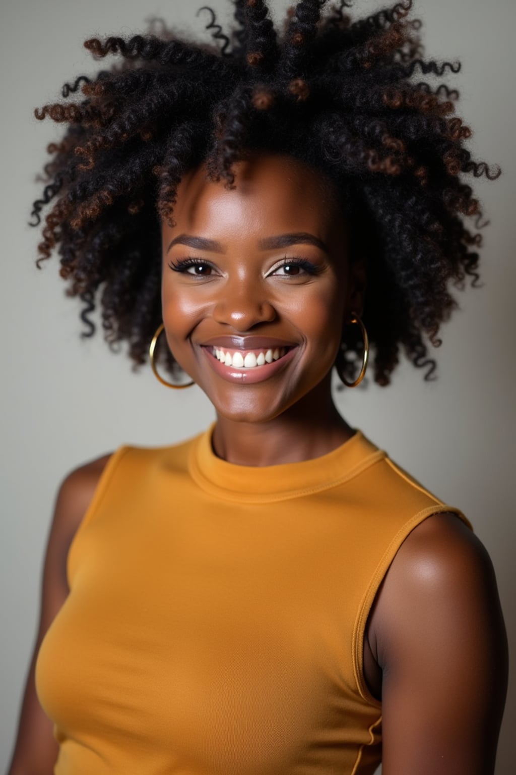A professional comedian headshot taken in a well-lit studio with a clean, neutral backdrop. The woman is dressed in a stylish yet playful fitted top with natural makeup and a confident smile , ensuring a polished yet approachable look. The lighting is soft and even, highlighting the woman’s expressive face, charisma, and subtle comedic charm. The focus is sharp, capturing a warm and inviting expression, creating the perfect headshot for stand-up comedians, improv actors, and comedic performers.