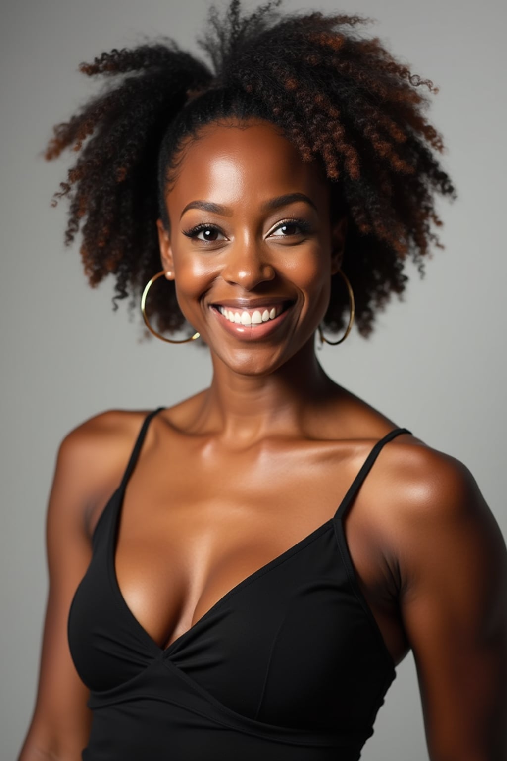 A professional comedian headshot taken in a well-lit studio with a clean, neutral backdrop. The woman is dressed in a stylish yet playful fitted top with natural makeup and a confident smile , ensuring a polished yet approachable look. The lighting is soft and even, highlighting the woman’s expressive face, charisma, and subtle comedic charm. The focus is sharp, capturing a warm and inviting expression, creating the perfect headshot for stand-up comedians, improv actors, and comedic performers.