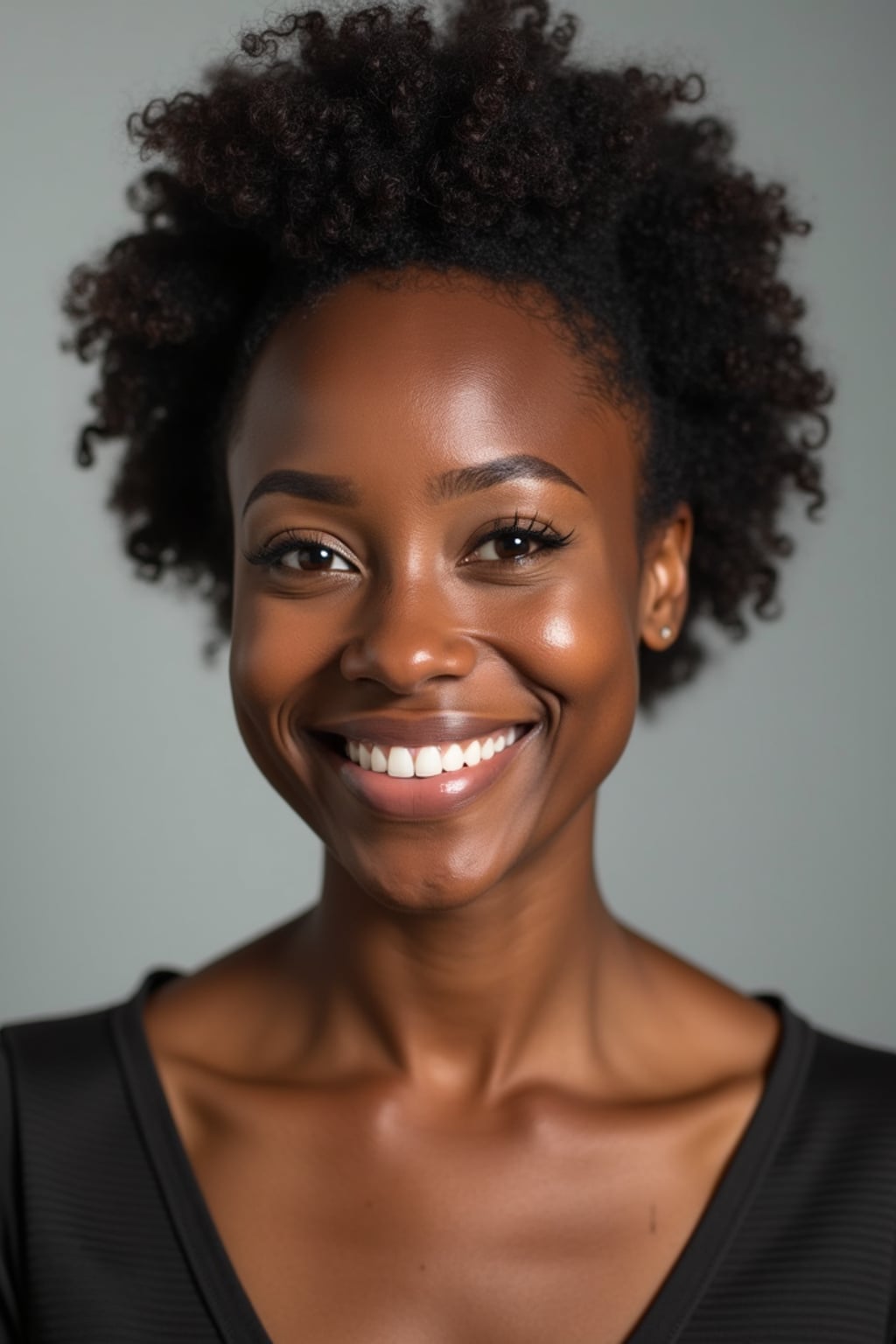 A professional comedian headshot taken in a well-lit studio with a clean, neutral backdrop. The woman is dressed in a stylish yet playful fitted top with natural makeup and a confident smile , ensuring a polished yet approachable look. The lighting is soft and even, highlighting the woman’s expressive face, charisma, and subtle comedic charm. The focus is sharp, capturing a warm and inviting expression, creating the perfect headshot for stand-up comedians, improv actors, and comedic performers.