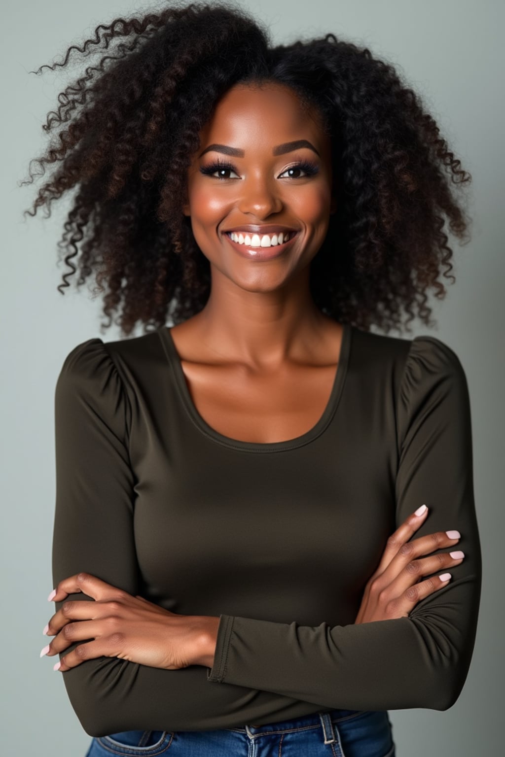 A professional comedian headshot taken in a well-lit studio with a clean, neutral backdrop. The woman is dressed in a stylish yet playful fitted top with natural makeup and a confident smile , ensuring a polished yet approachable look. The lighting is soft and even, highlighting the woman’s expressive face, charisma, and subtle comedic charm. The focus is sharp, capturing a warm and inviting expression, creating the perfect headshot for stand-up comedians, improv actors, and comedic performers.