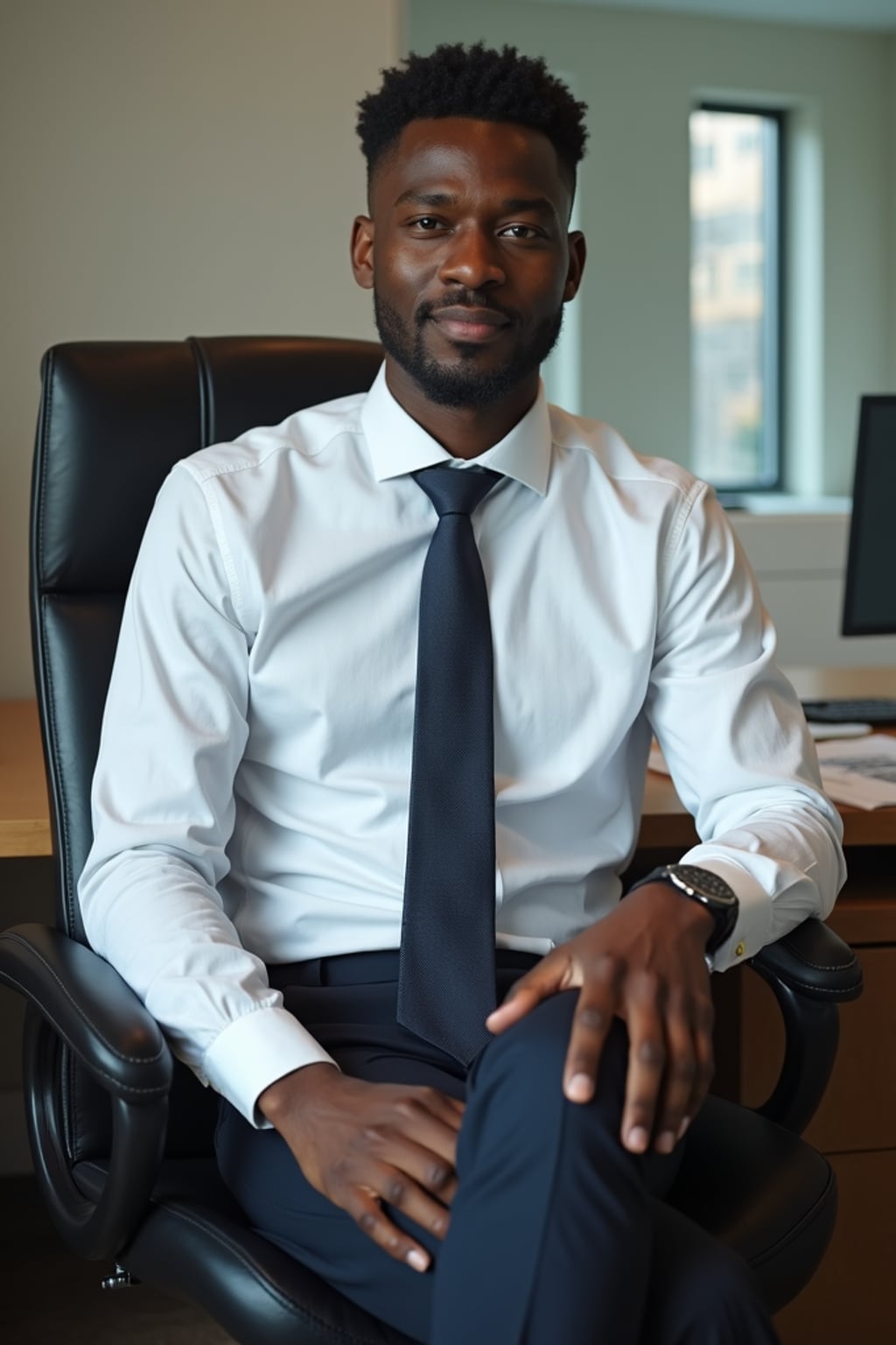 headshot of man, sitting at a desk, at a (office),  shirt and tie and suit pants