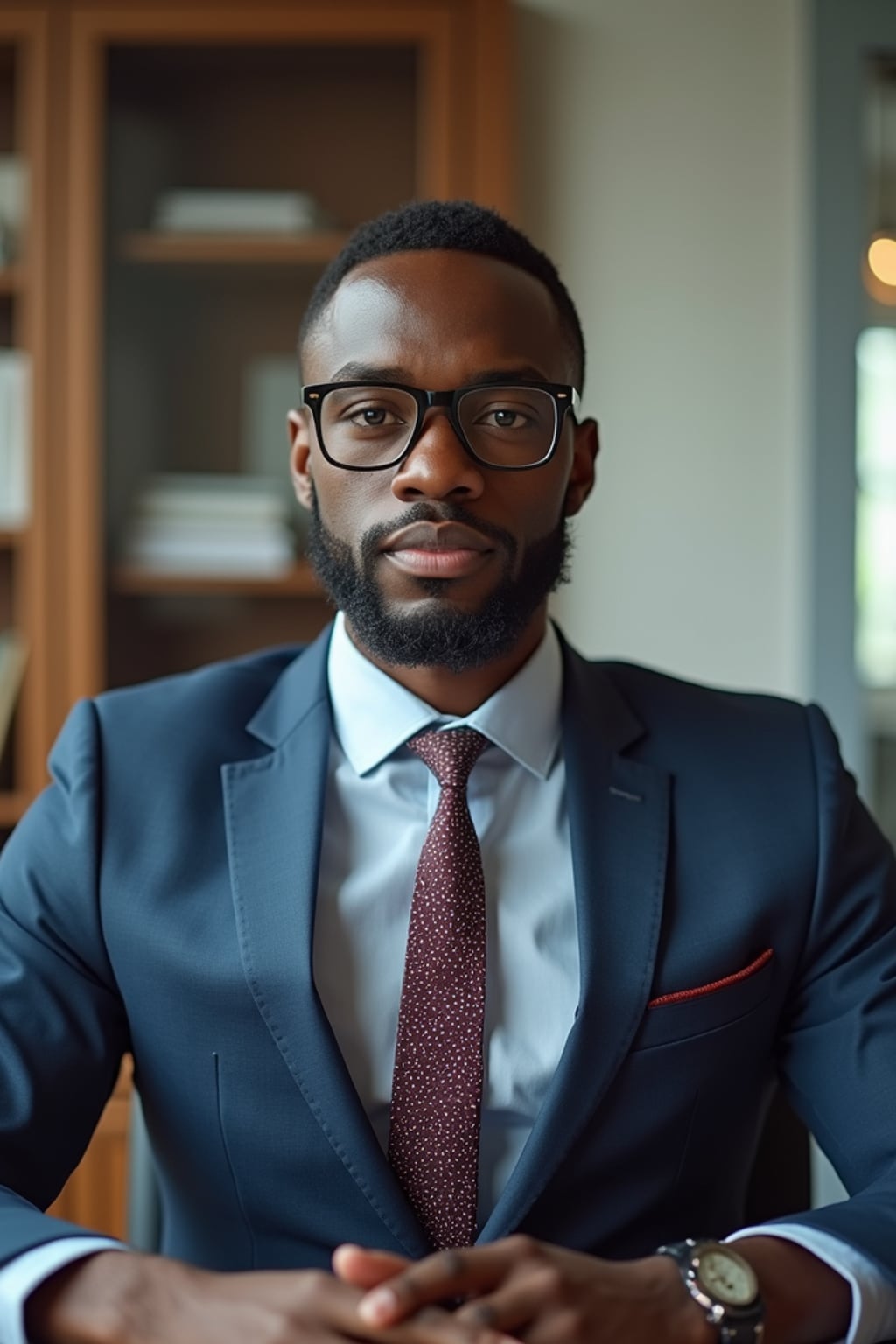 headshot of man, sitting at a desk, at a (office),  shirt and tie and suit pants
