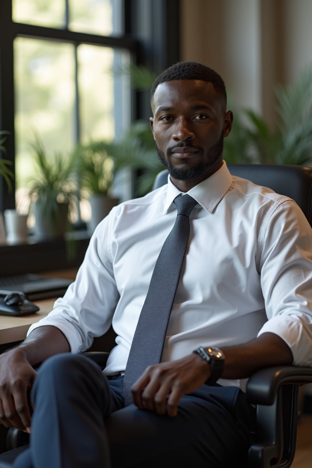 headshot of man, sitting at a desk, at a (office),  shirt and tie and suit pants