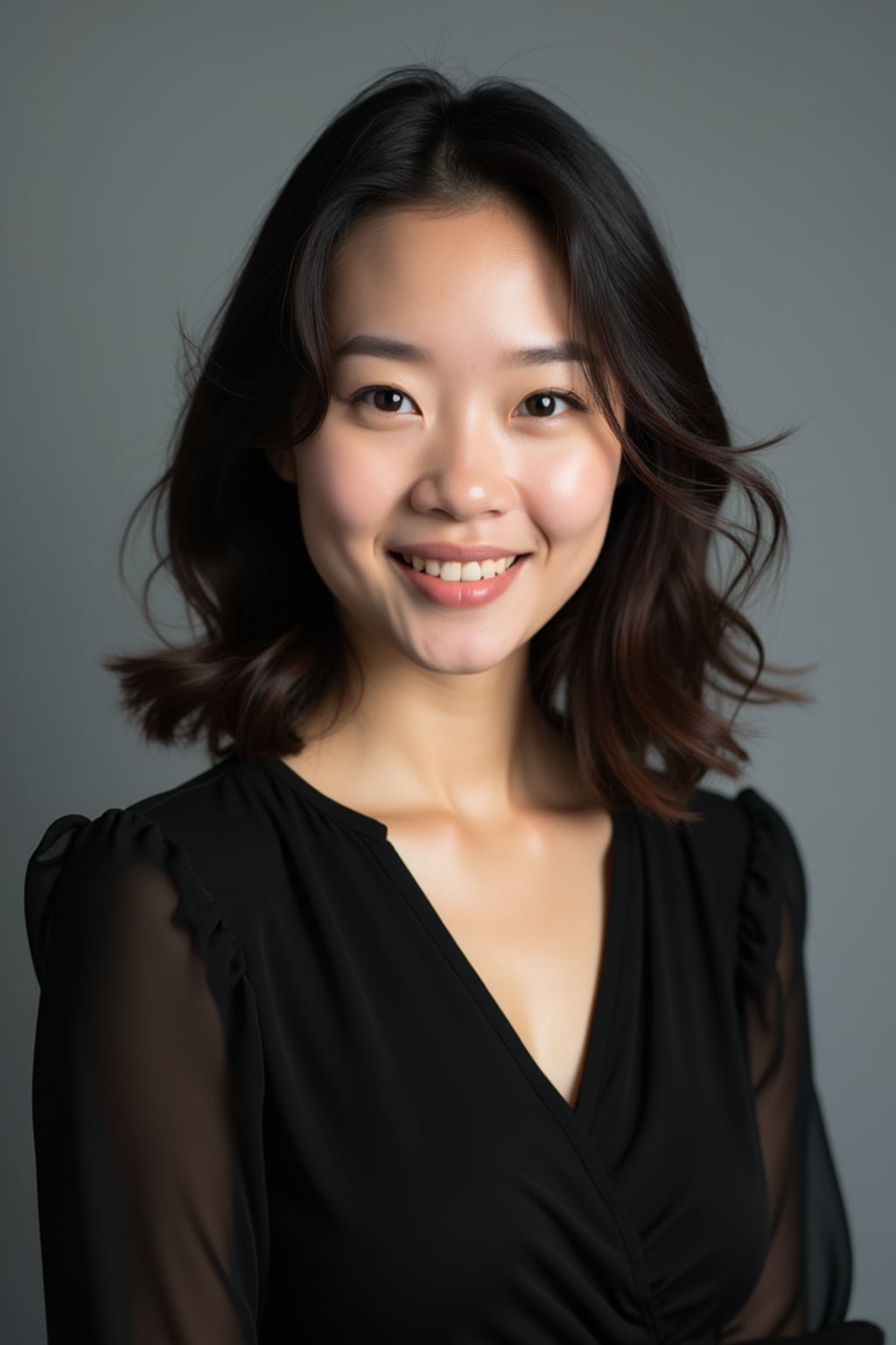 A professional actor headshot of a confident woman, taken in a well-lit studio with a plain backdrop. The woman is dressed in a simple, elegant black top with natural makeup and soft curls . The lighting is soft and even, highlighting their facial features with a natural and approachable expression. The focus is sharp, capturing the woman's eyes and subtle smile, creating a perfect headshot for auditions and casting calls.