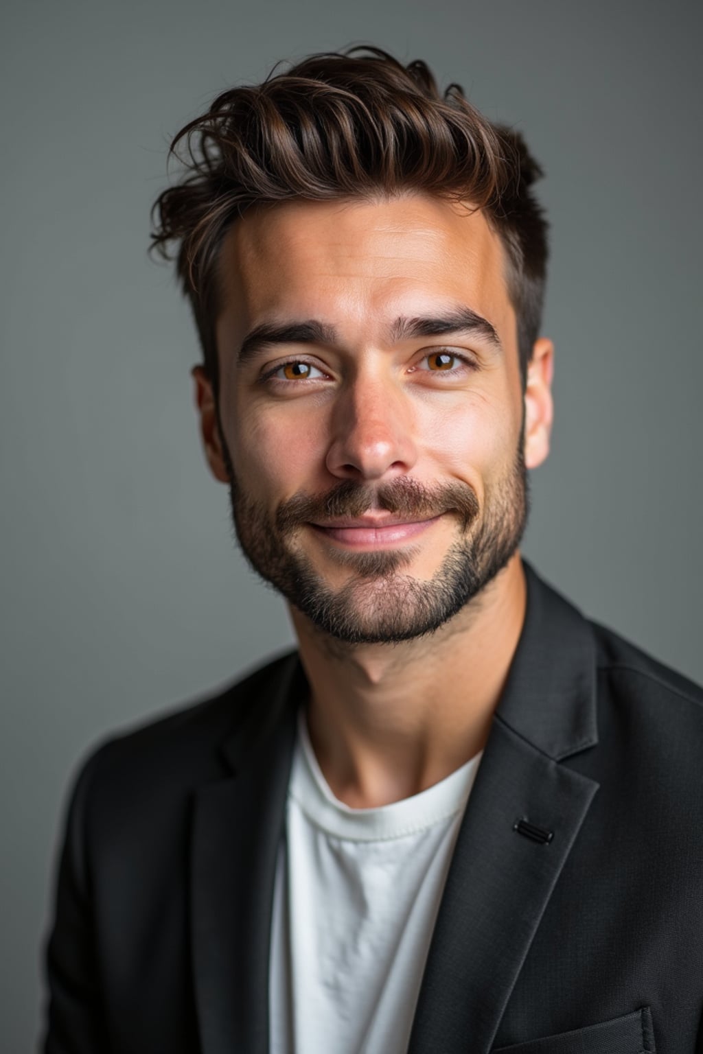 A comedic actor headshot featuring a subtle smirk and expressive eyes, taken in a well-lit professional studio. The man is dressed in  a modern fitted casual jacket or blazer, styled effortlessly for a relatable yet polished look. The background is neutral, ensuring the subject stands out. The lighting highlights natural features, capturing an inviting and charismatic presence, perfect for comedy auditions, film roles, and industry portfolios.