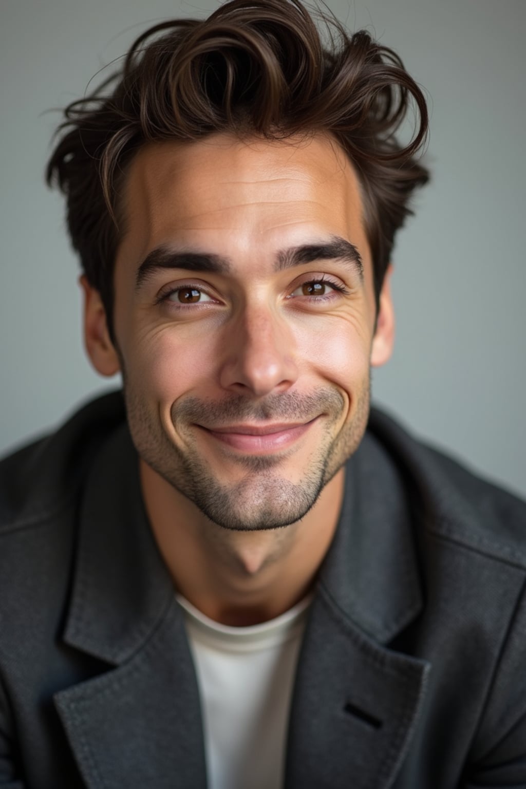 A comedic actor headshot featuring a subtle smirk and expressive eyes, taken in a well-lit professional studio. The man is dressed in  a modern fitted casual jacket or blazer, styled effortlessly for a relatable yet polished look. The background is neutral, ensuring the subject stands out. The lighting highlights natural features, capturing an inviting and charismatic presence, perfect for comedy auditions, film roles, and industry portfolios.