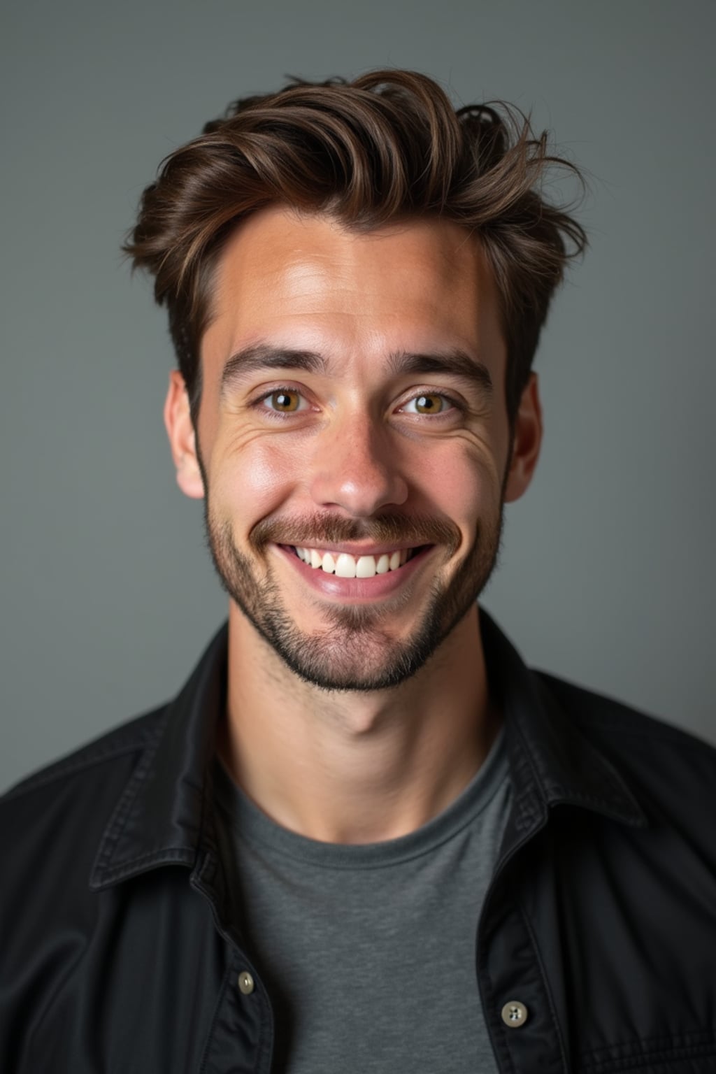 A comedic actor headshot featuring a subtle smirk and expressive eyes, taken in a well-lit professional studio. The man is dressed in  a modern fitted casual jacket or blazer, styled effortlessly for a relatable yet polished look. The background is neutral, ensuring the subject stands out. The lighting highlights natural features, capturing an inviting and charismatic presence, perfect for comedy auditions, film roles, and industry portfolios.