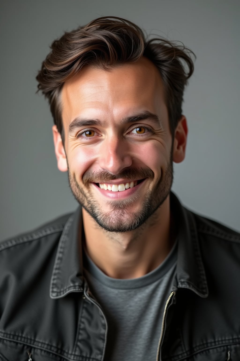 A comedic actor headshot featuring a subtle smirk and expressive eyes, taken in a well-lit professional studio. The man is dressed in  a modern fitted casual jacket or blazer, styled effortlessly for a relatable yet polished look. The background is neutral, ensuring the subject stands out. The lighting highlights natural features, capturing an inviting and charismatic presence, perfect for comedy auditions, film roles, and industry portfolios.