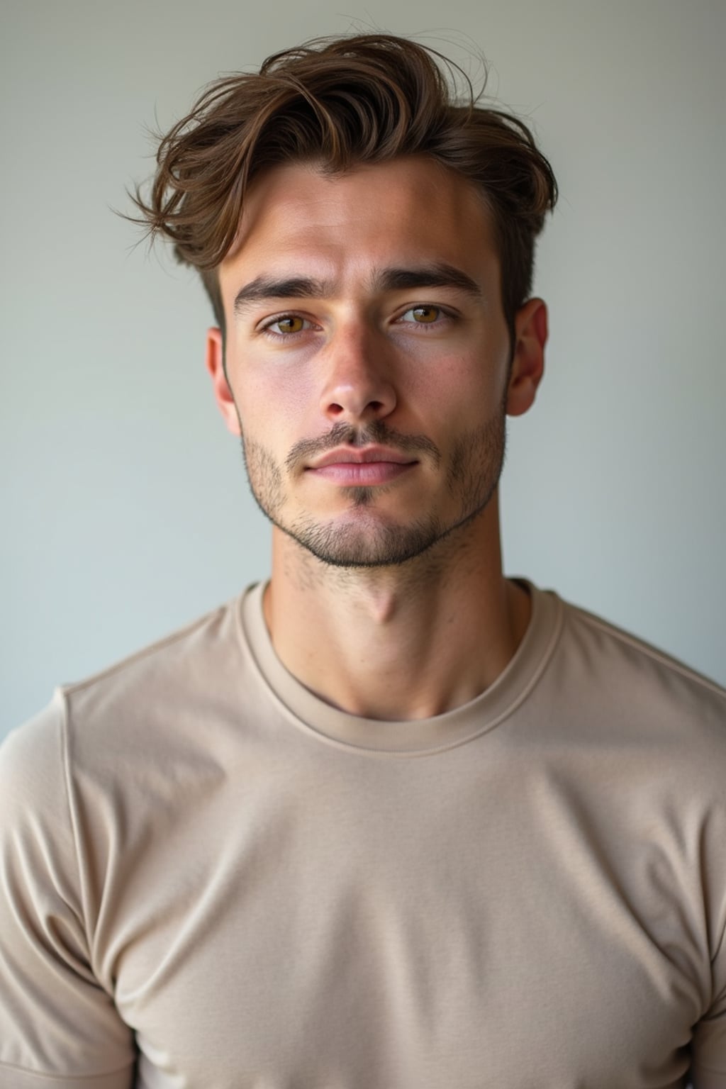 A professional photography man headshot of a confident man, taken in a well-lit studio with a clean, neutral backdrop. The man is dressed in  a fitted, neutral-colored crewneck shirt with neatly styled hair, ensuring a polished yet natural look. The lighting is soft and even, accentuating the man’s bone structure, skin texture, and striking features. The focus is sharp, with a clear emphasis on the man\'s eyes and subtle expression, creating the perfect headshot for agency submissions, portfolio updates, and professional branding in fashion and commercial maning.