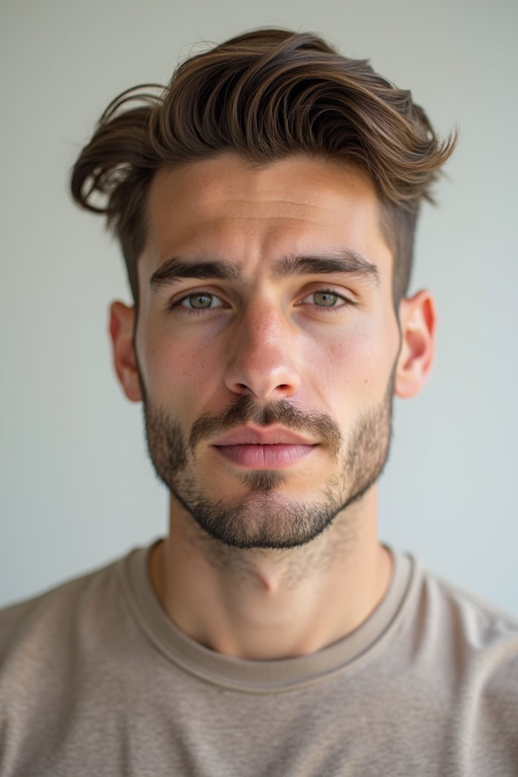 A professional photography man headshot of a confident man, taken in a well-lit studio with a clean, neutral backdrop. The man is dressed in  a fitted, neutral-colored crewneck shirt with neatly styled hair, ensuring a polished yet natural look. The lighting is soft and even, accentuating the man’s bone structure, skin texture, and striking features. The focus is sharp, with a clear emphasis on the man\'s eyes and subtle expression, creating the perfect headshot for agency submissions, portfolio updates, and professional branding in fashion and commercial maning.