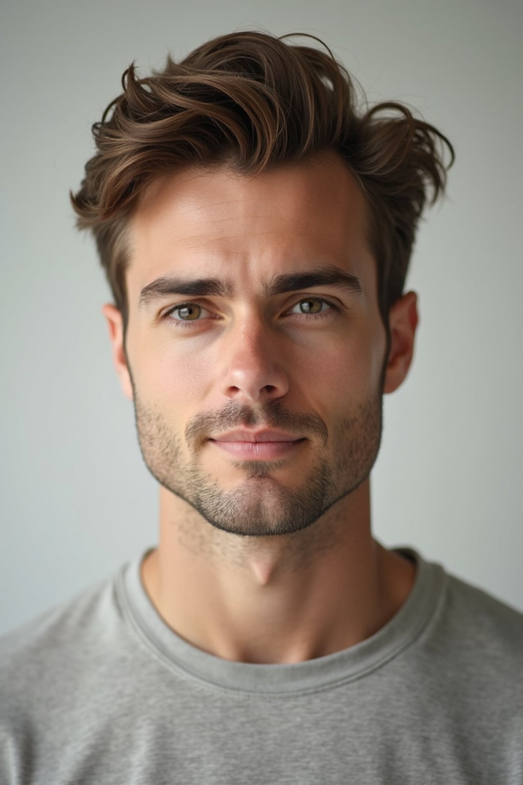 A professional photography man headshot of a confident man, taken in a well-lit studio with a clean, neutral backdrop. The man is dressed in  a fitted, neutral-colored crewneck shirt with neatly styled hair, ensuring a polished yet natural look. The lighting is soft and even, accentuating the man’s bone structure, skin texture, and striking features. The focus is sharp, with a clear emphasis on the man\'s eyes and subtle expression, creating the perfect headshot for agency submissions, portfolio updates, and professional branding in fashion and commercial maning.