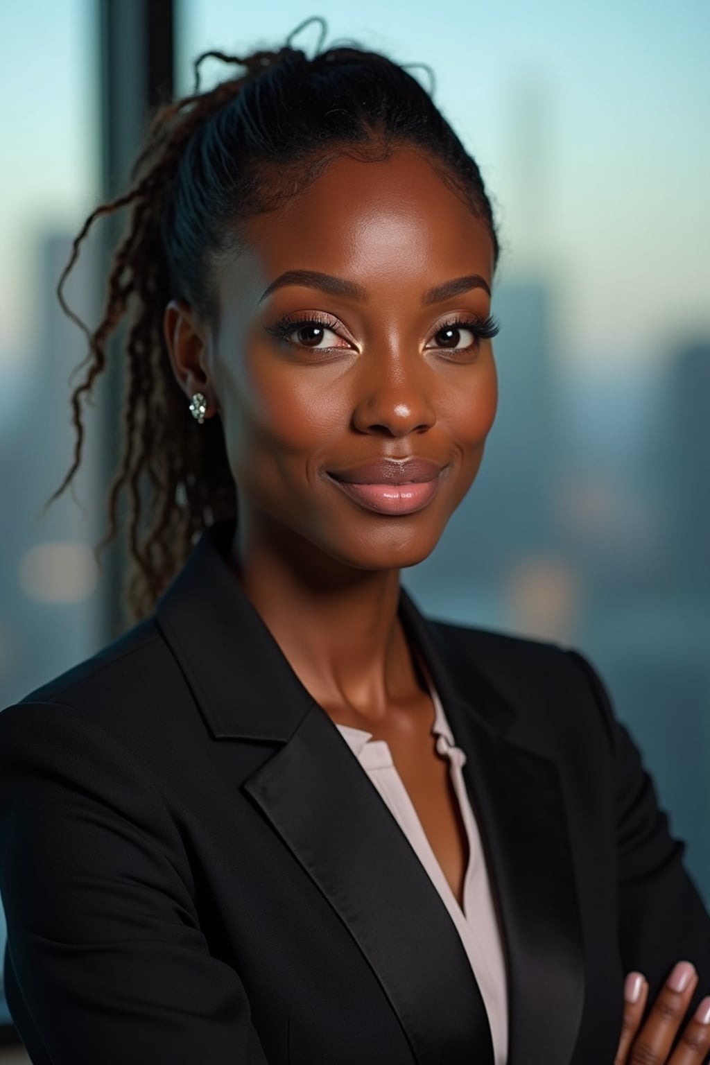 8k professional headshot of woman, crisp details, studio backdrop, executive attire, confident posture, neutral expression, high-definition, corporate setting, sharp focus, ambient lighting, business professional, cityscape view