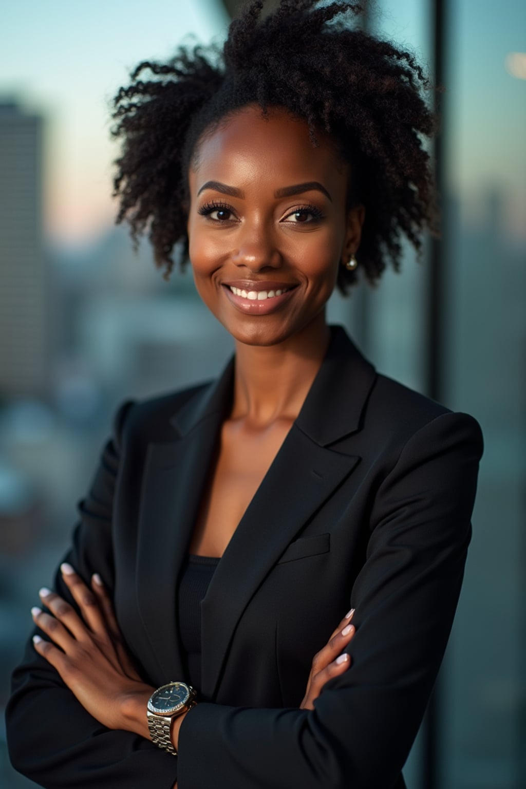 8k professional headshot of woman, crisp details, studio backdrop, executive attire, confident posture, neutral expression, high-definition, corporate setting, sharp focus, ambient lighting, business professional, cityscape view