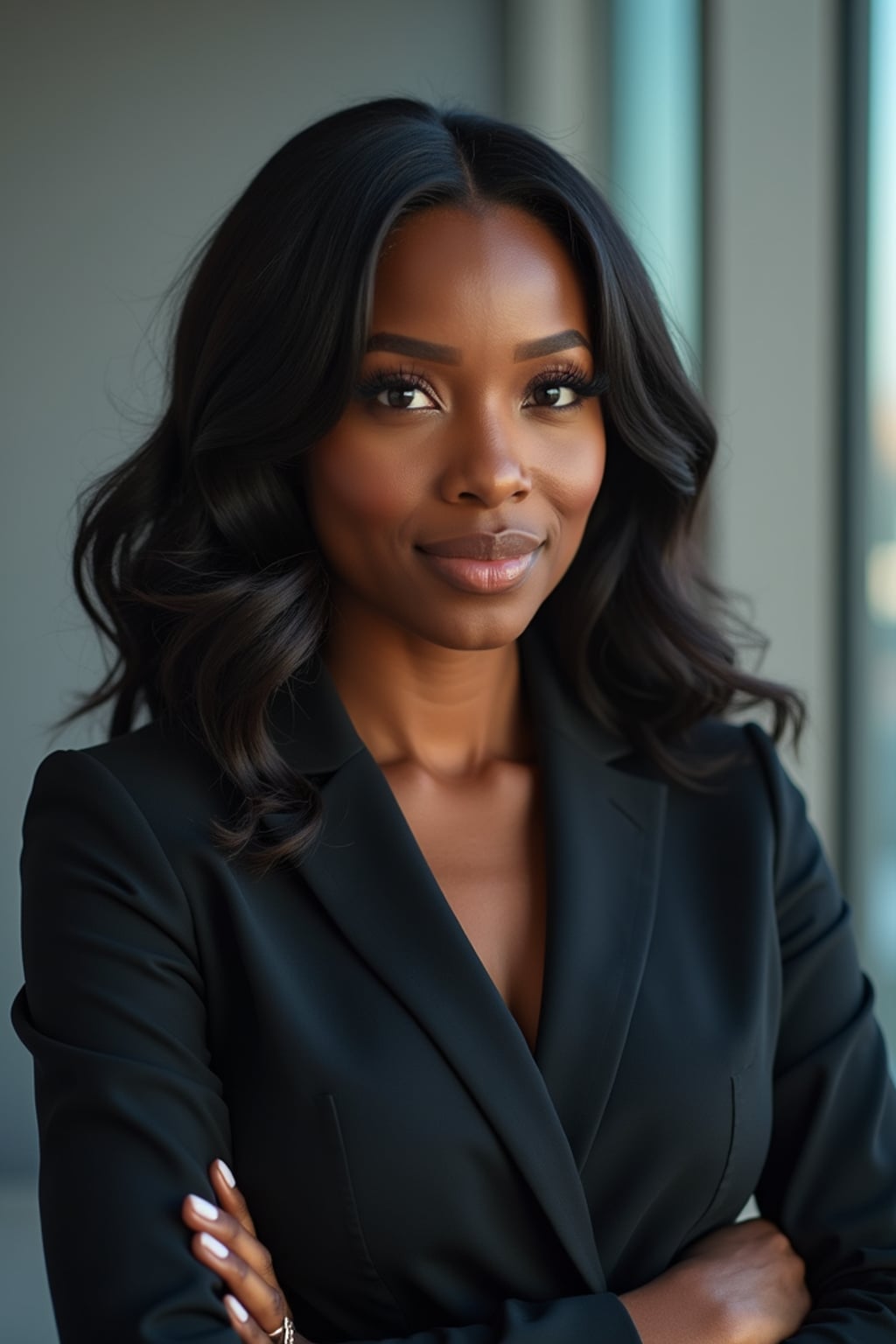 8k professional headshot of woman, crisp details, studio backdrop, executive attire, confident posture, neutral expression, high-definition, corporate setting, sharp focus, ambient lighting, business professional, cityscape view